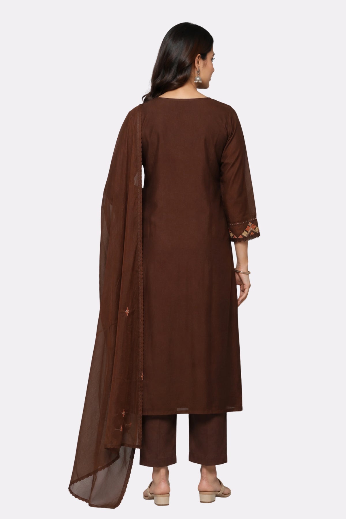 Brown Thread Embroidered Cotton Suit Set-Global Republic