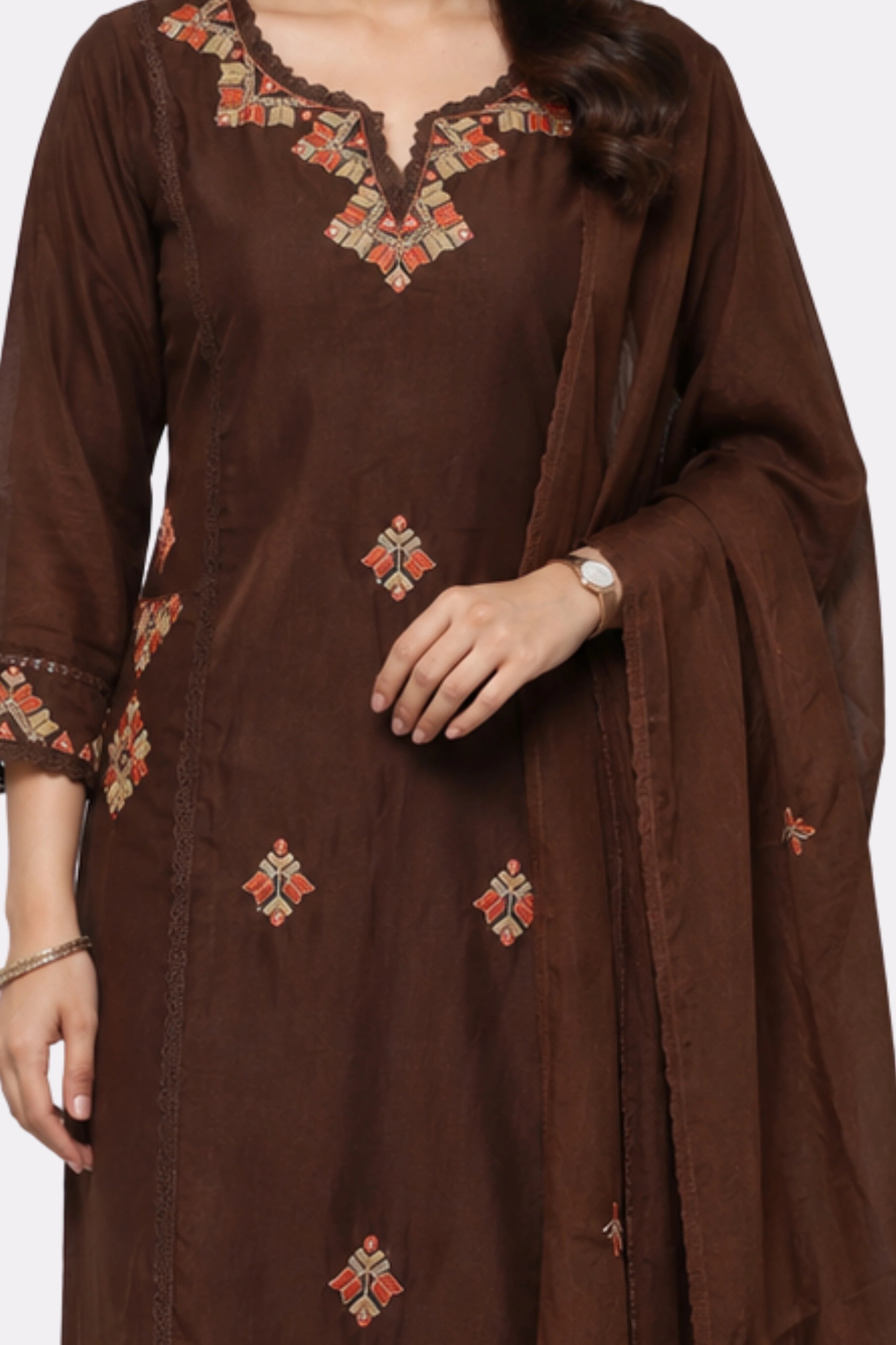 Brown Thread Embroidered Cotton Suit Set-Global Republic