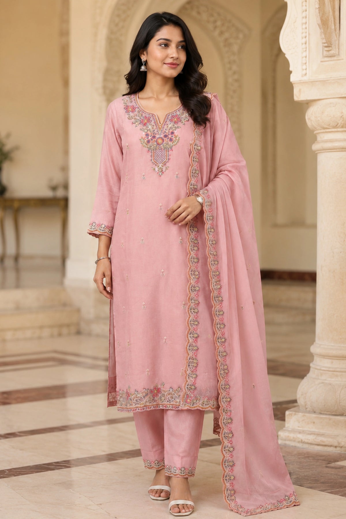 Pink Floral Embroidered Cotton Suit Set-Global Republic