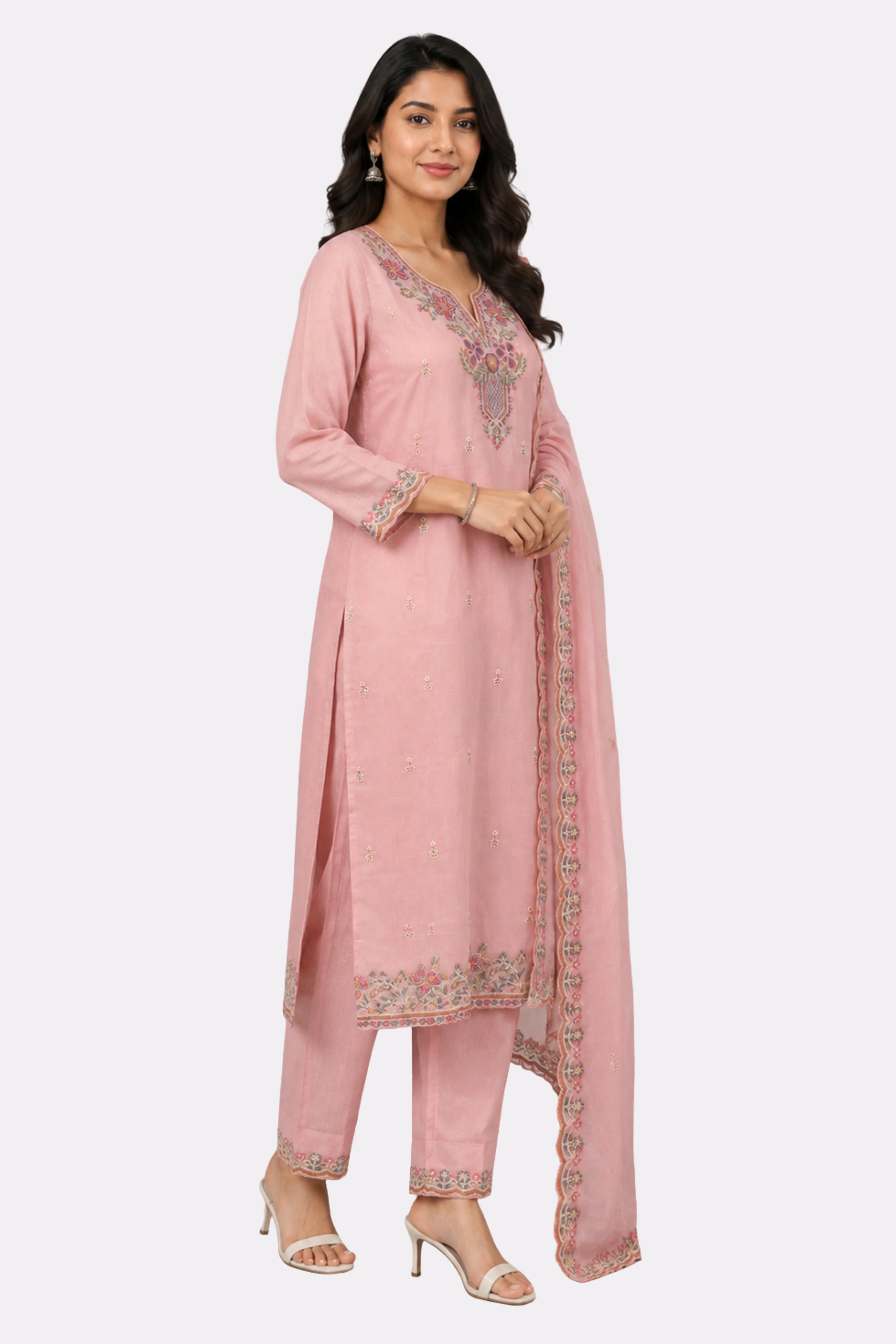 Pink Floral Embroidered Cotton Suit Set-Global Republic