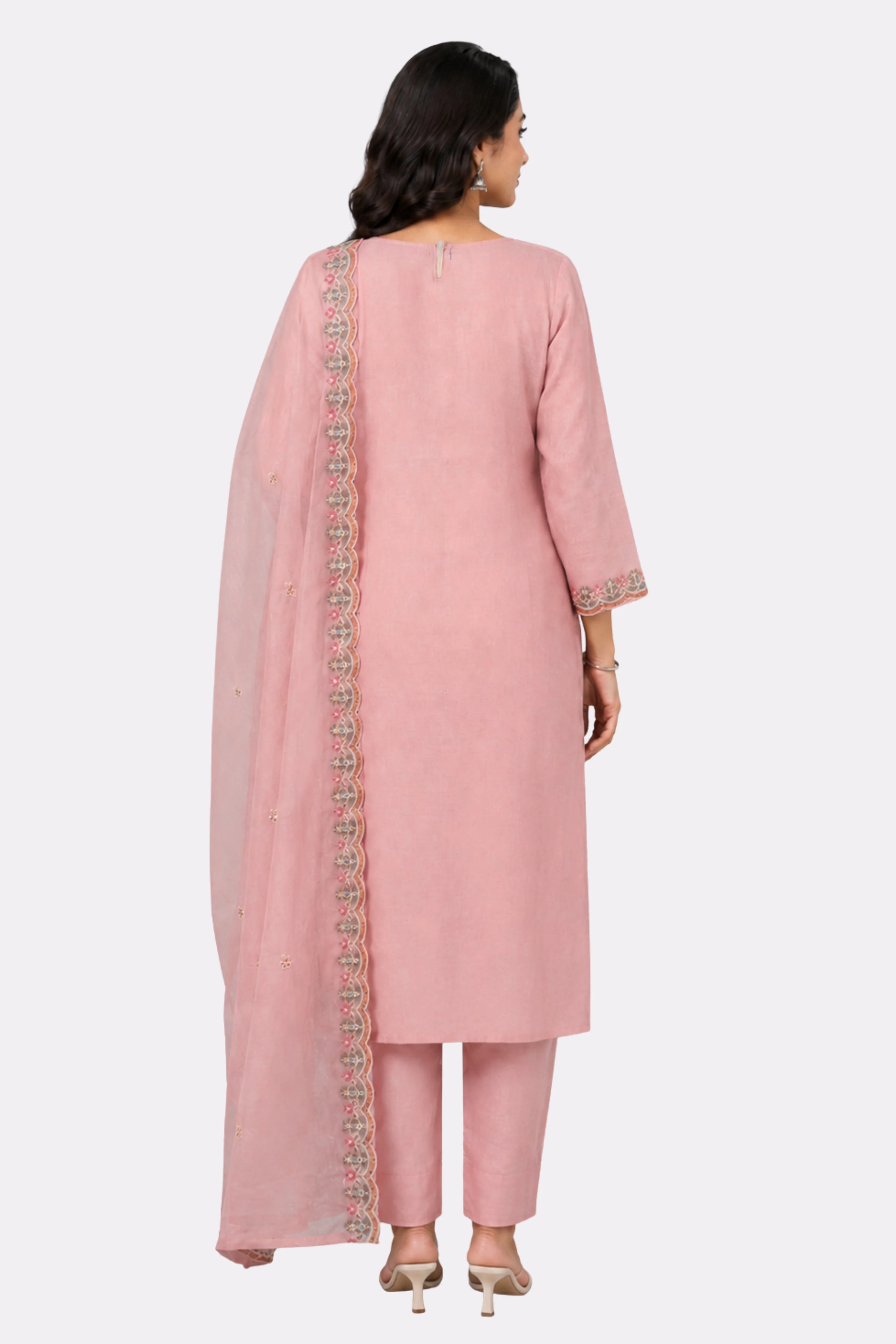 Pink Floral Embroidered Cotton Suit Set-Global Republic