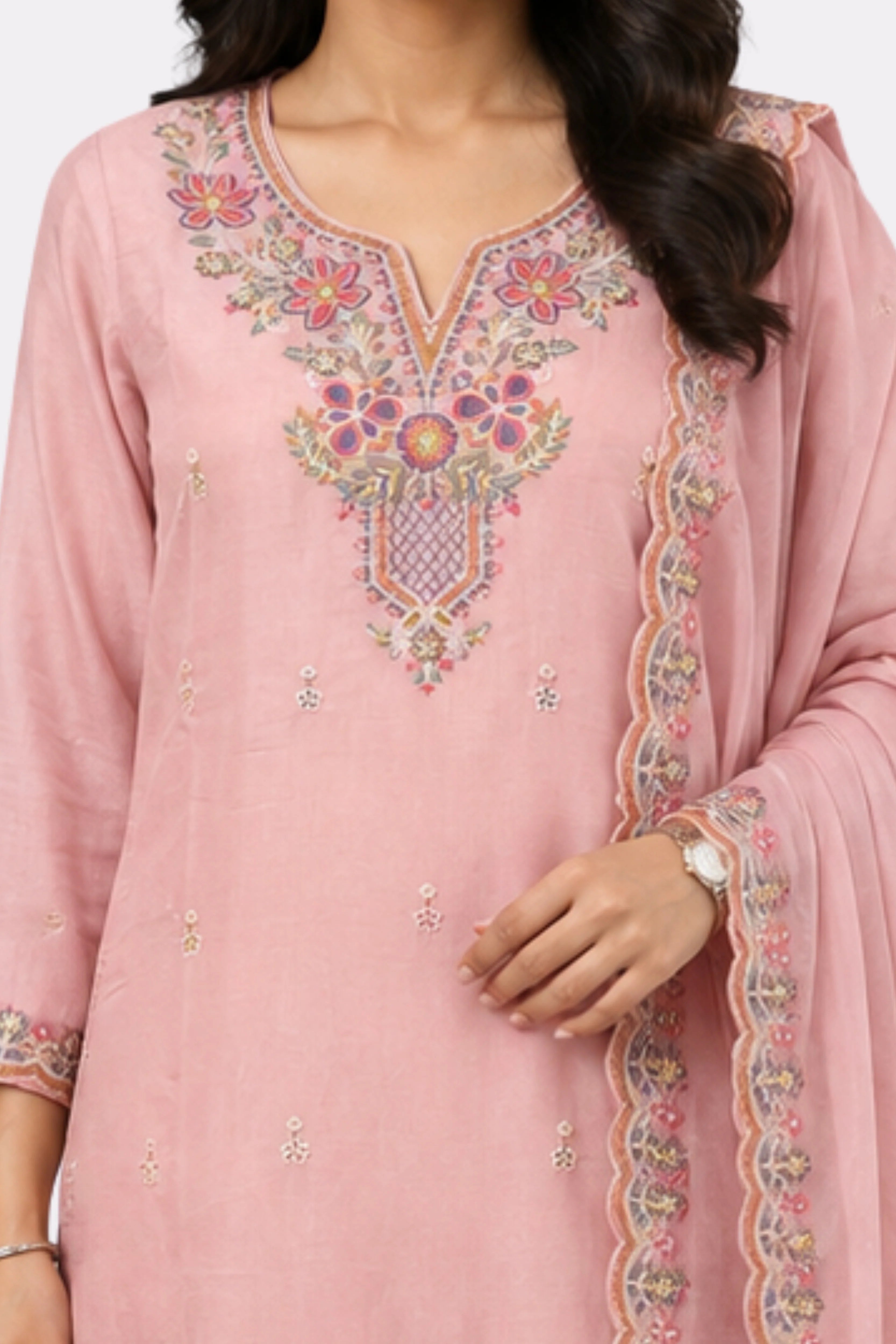 Pink Floral Embroidered Cotton Suit Set-Global Republic