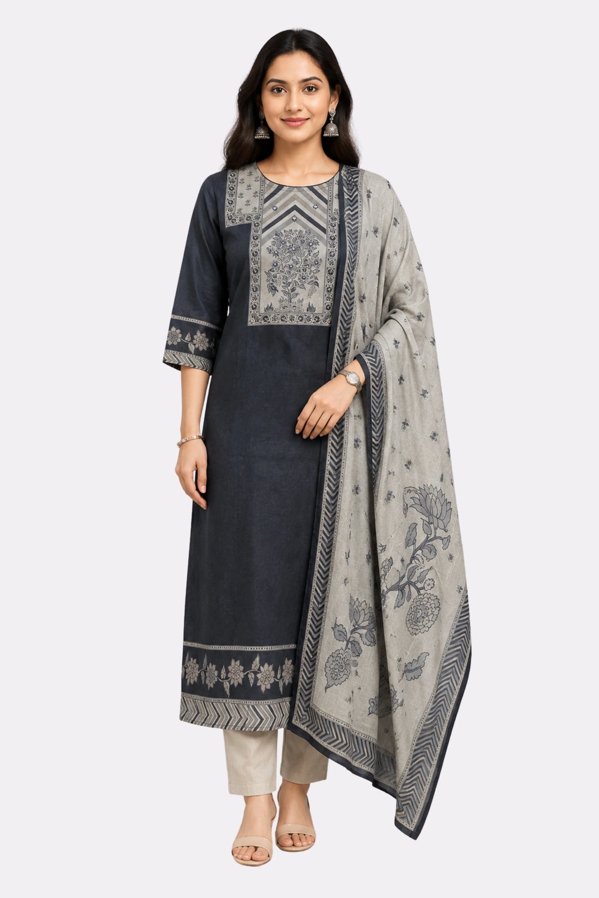 Navy Blue Floral Cotton Suit Set-Global Republic