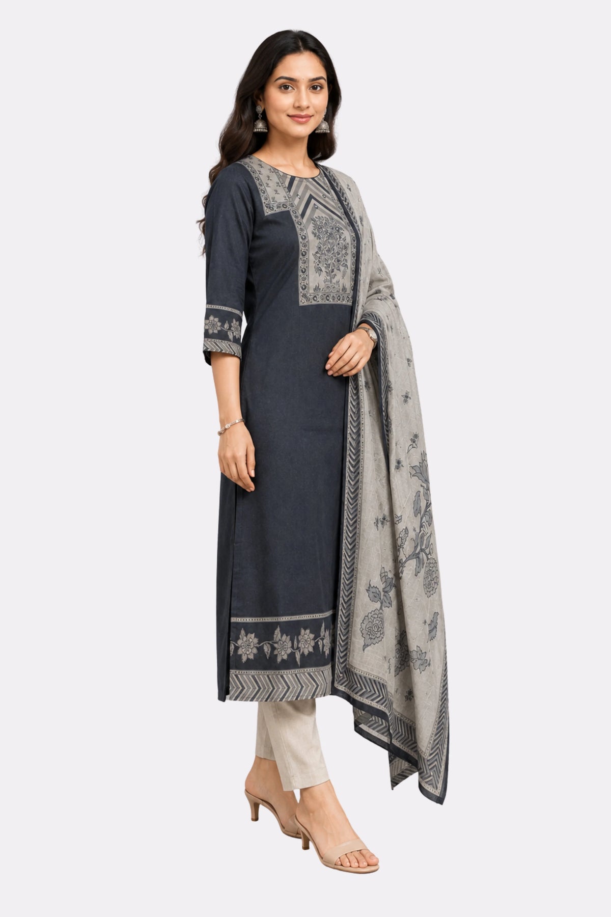 Navy Blue Floral Cotton Suit Set-Global Republic