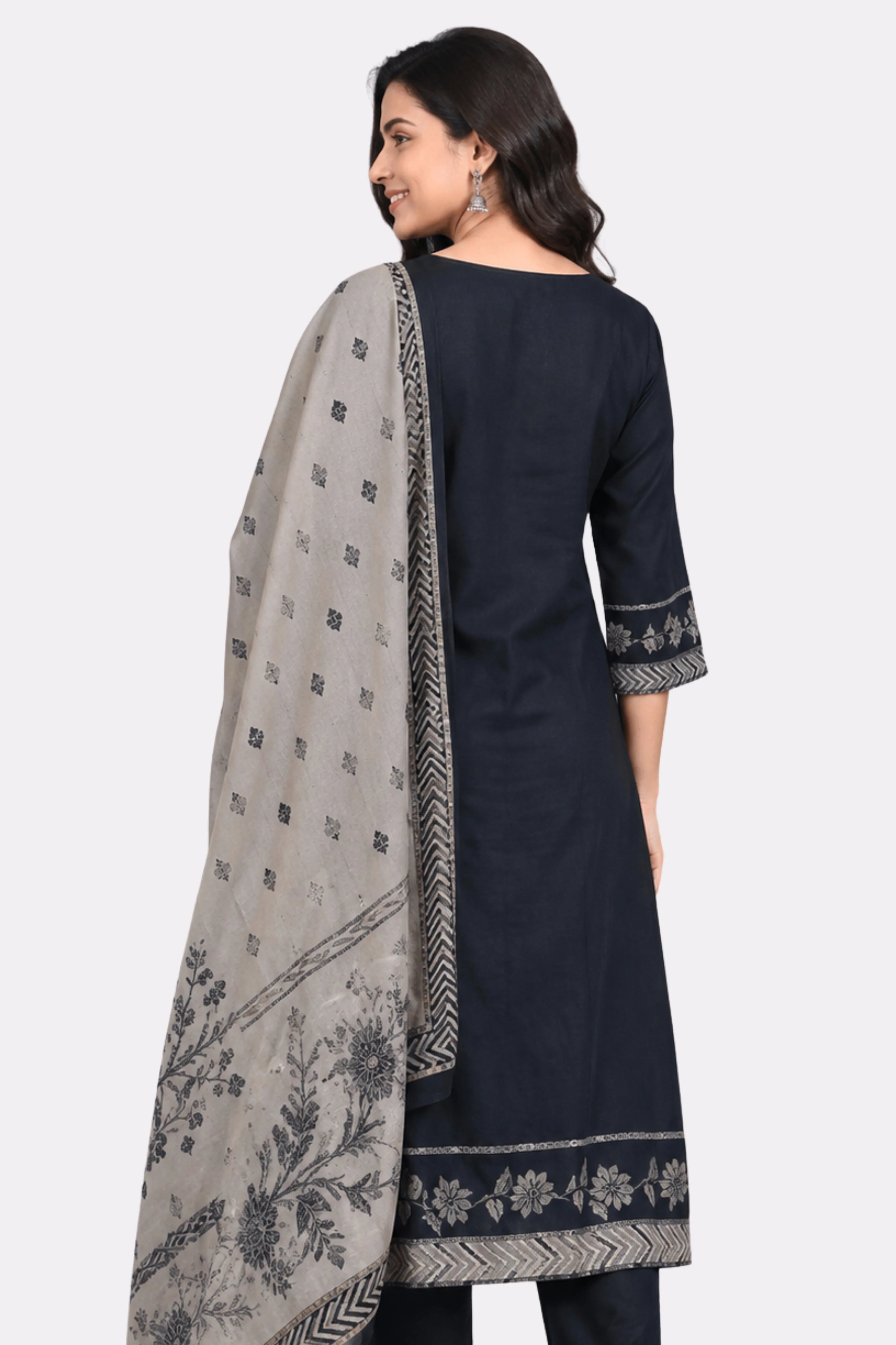 Navy Blue Floral Cotton Suit Set-Global Republic