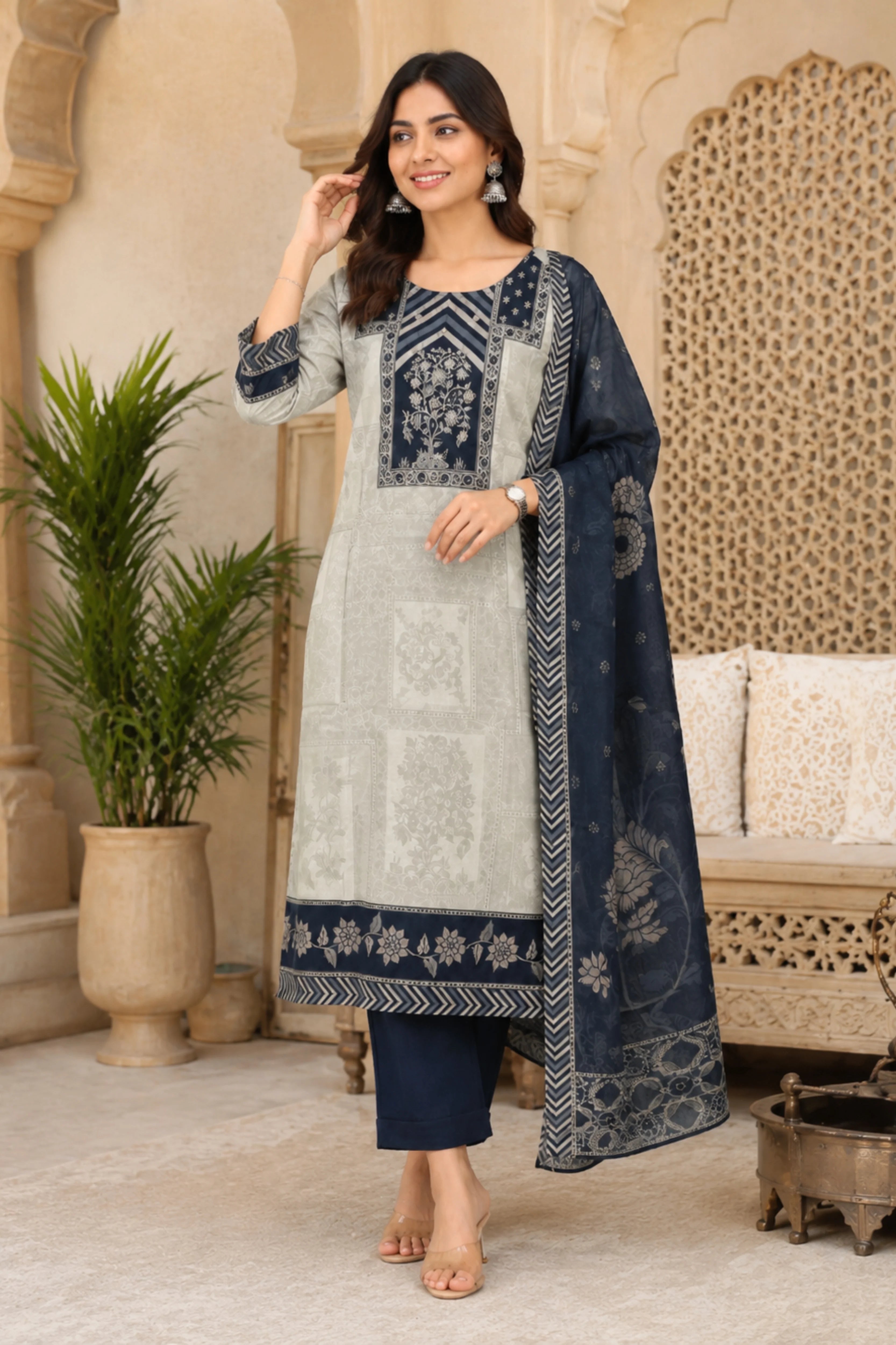 Beige & Black Floral Printed Cotton Suit Set-Global Republic