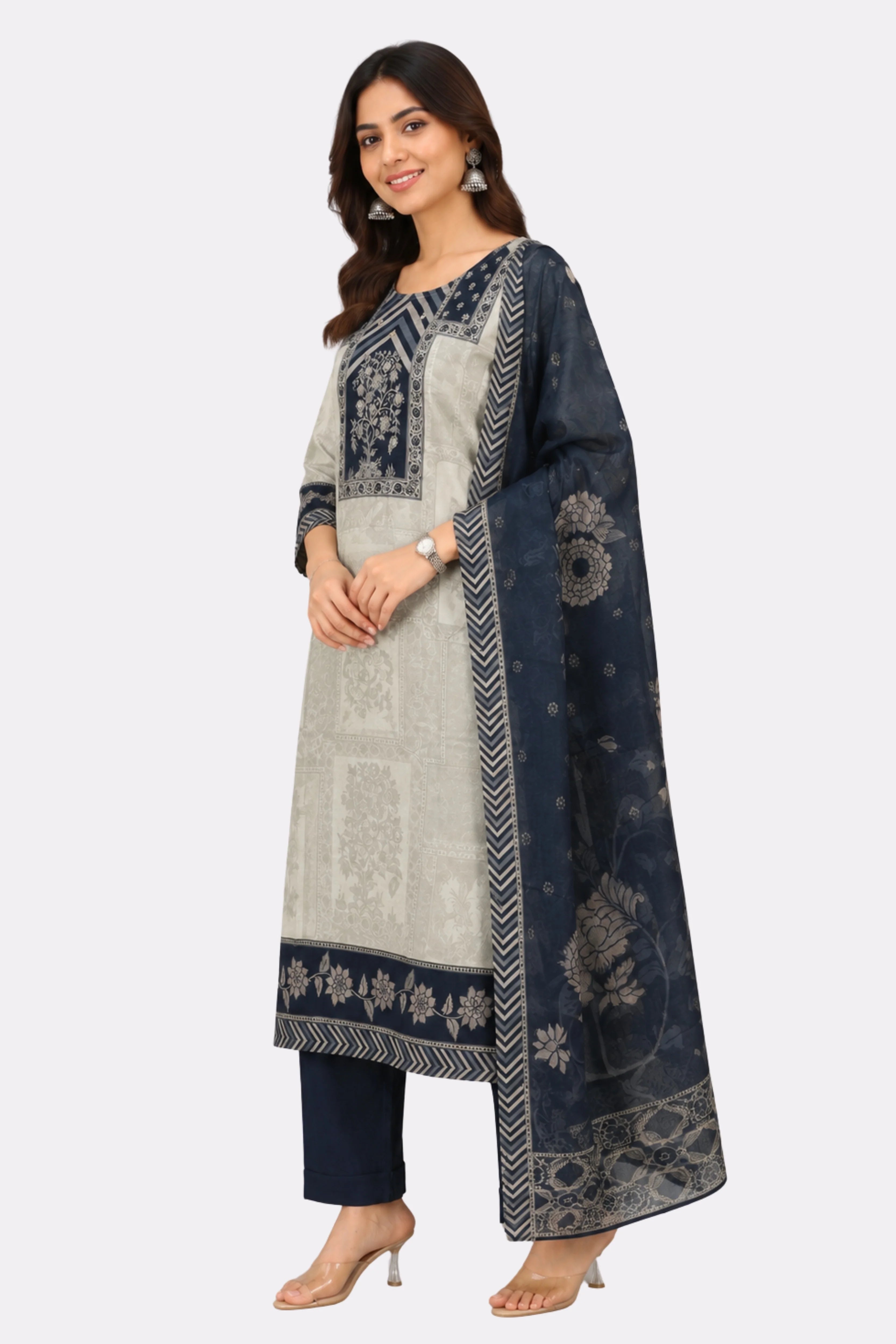 Beige & Black Floral Printed Cotton Suit Set-Global Republic