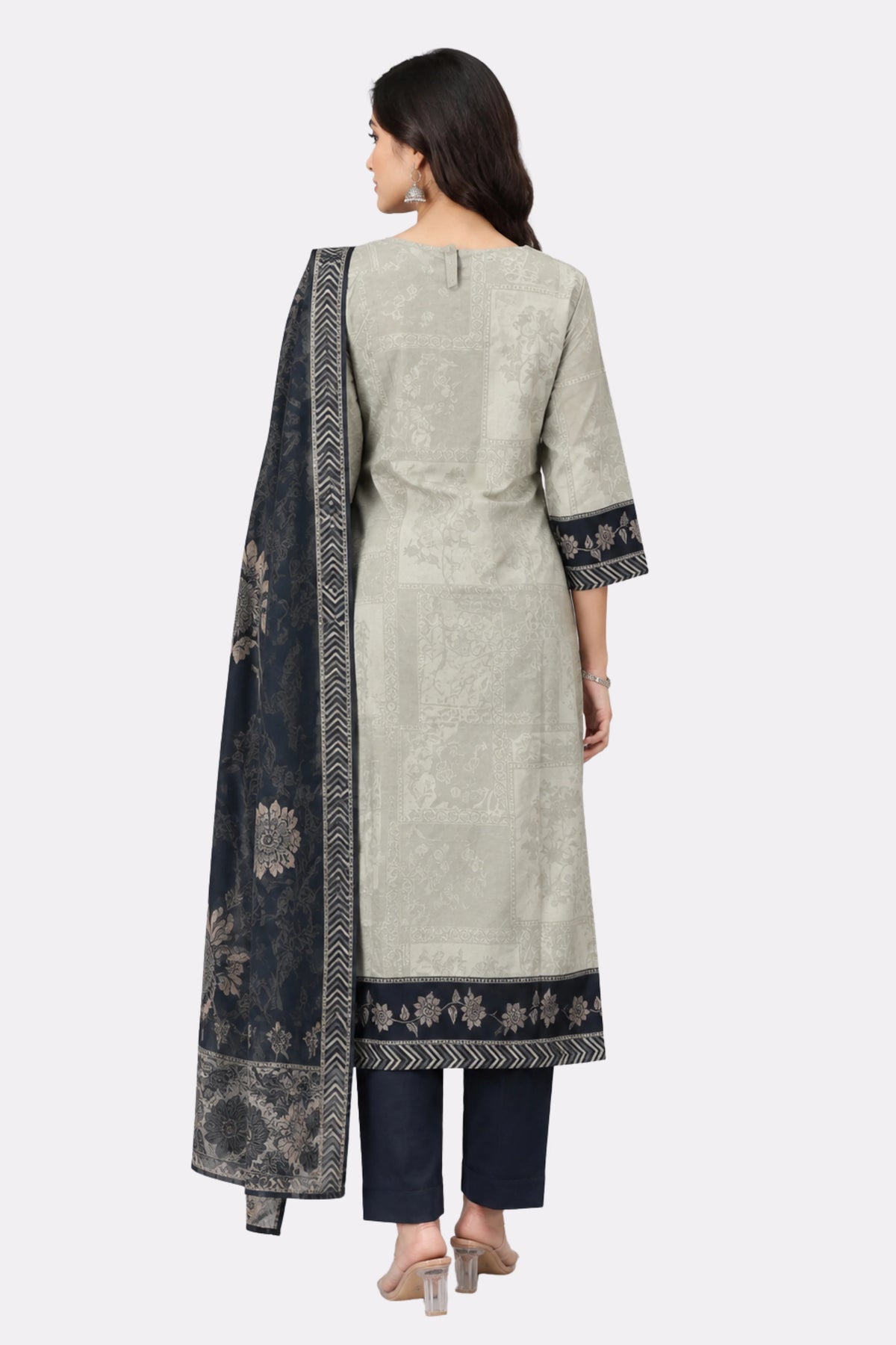 Beige & Black Floral Printed Cotton Suit Set-Global Republic