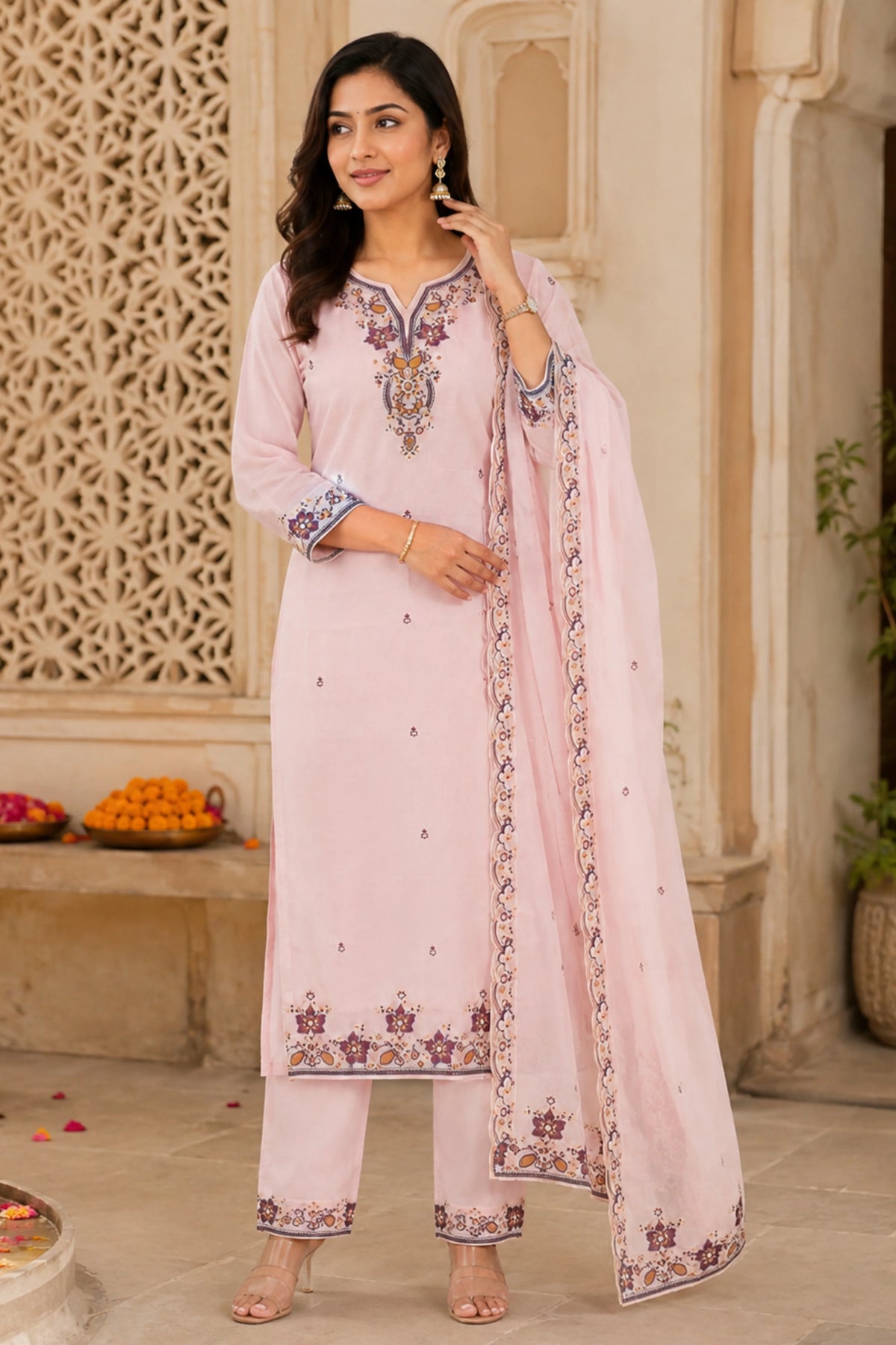 Pink Floral Embroidered Cotton Suit Set-Global Republic