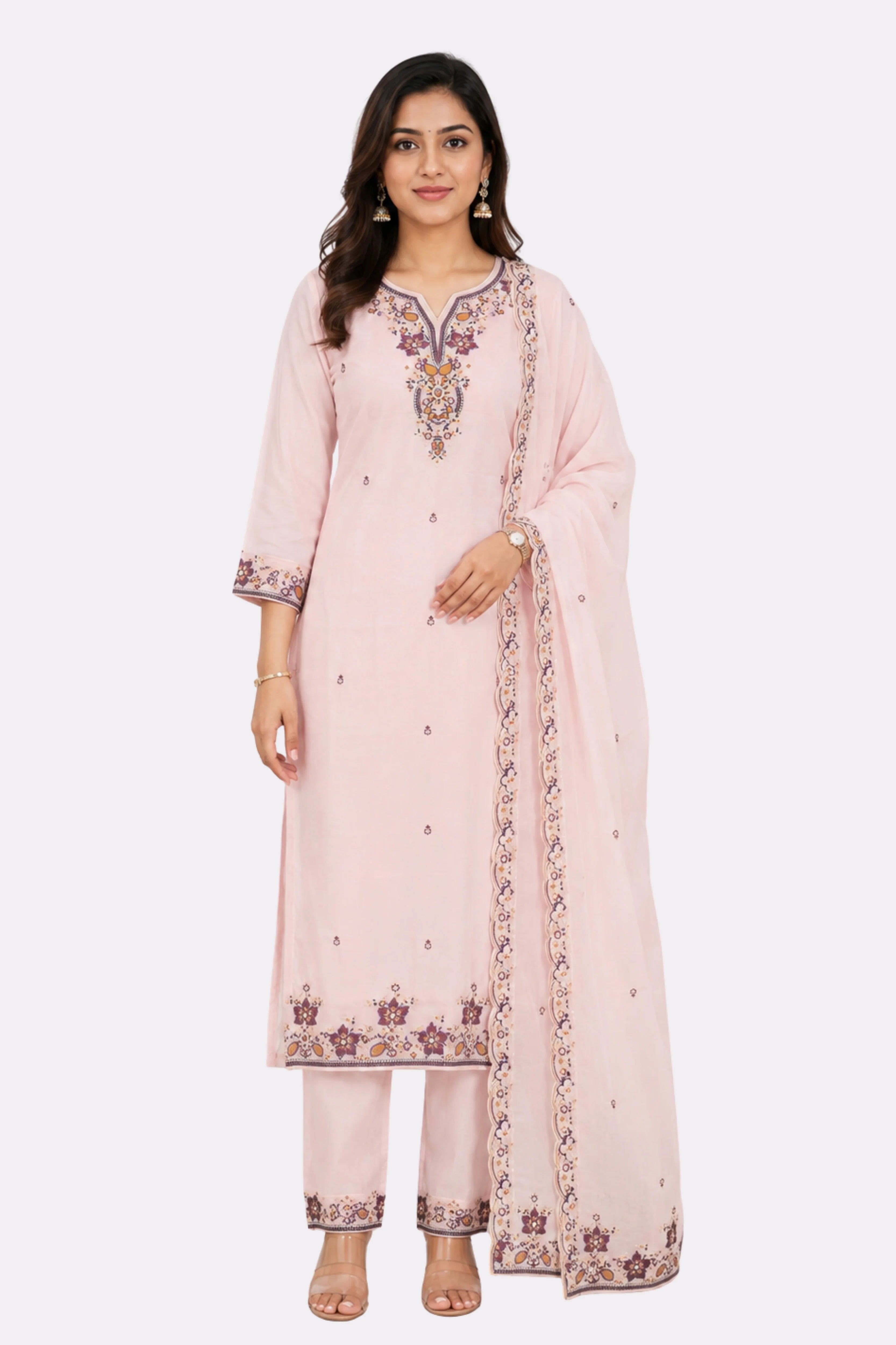 Pink Floral Embroidered Cotton Suit Set-Global Republic