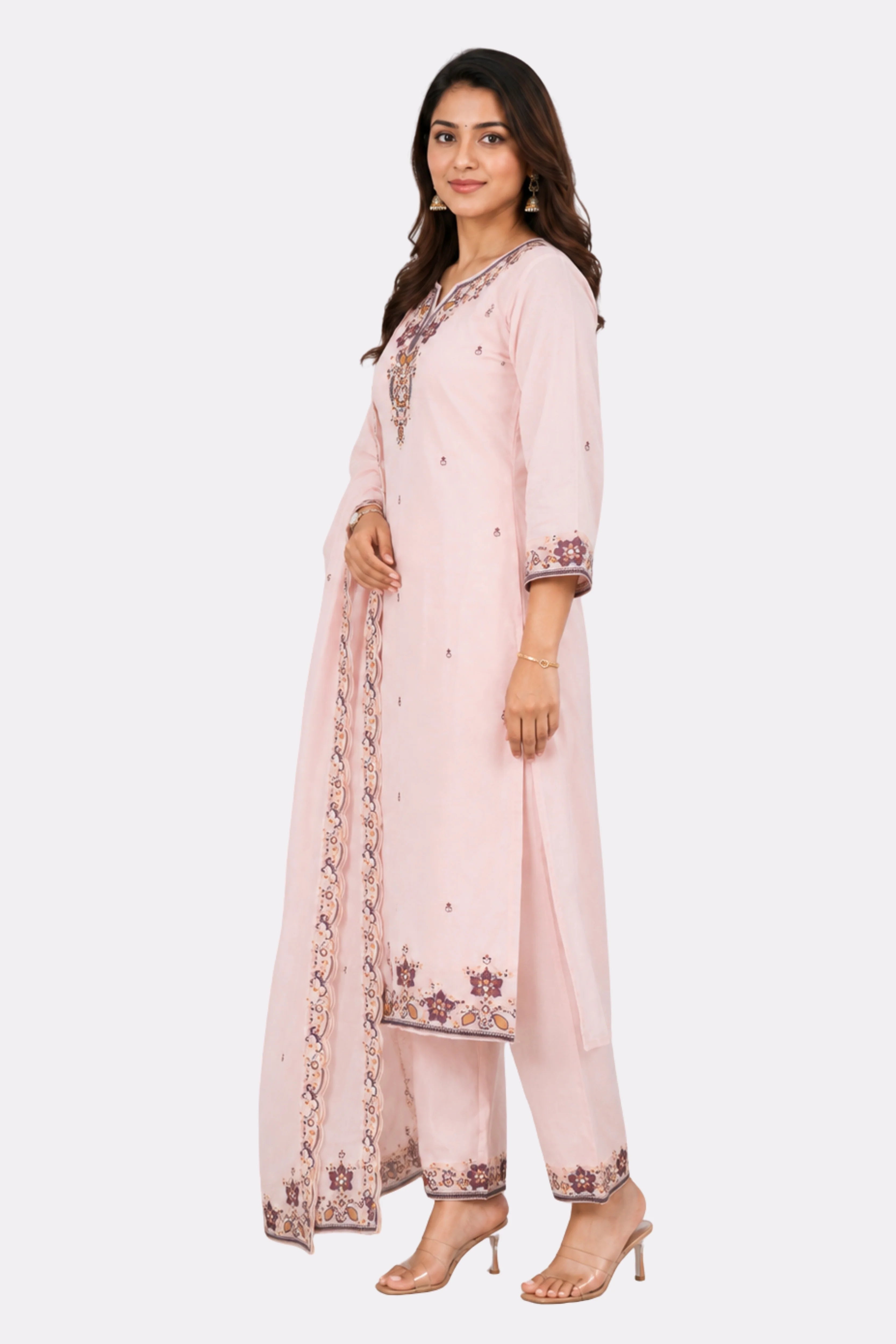 Pink Floral Embroidered Cotton Suit Set-Global Republic
