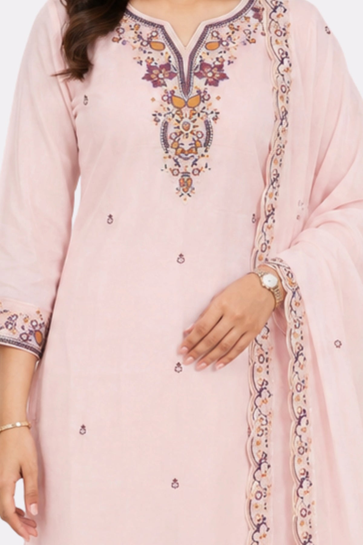Pink Floral Embroidered Cotton Suit Set-Global Republic