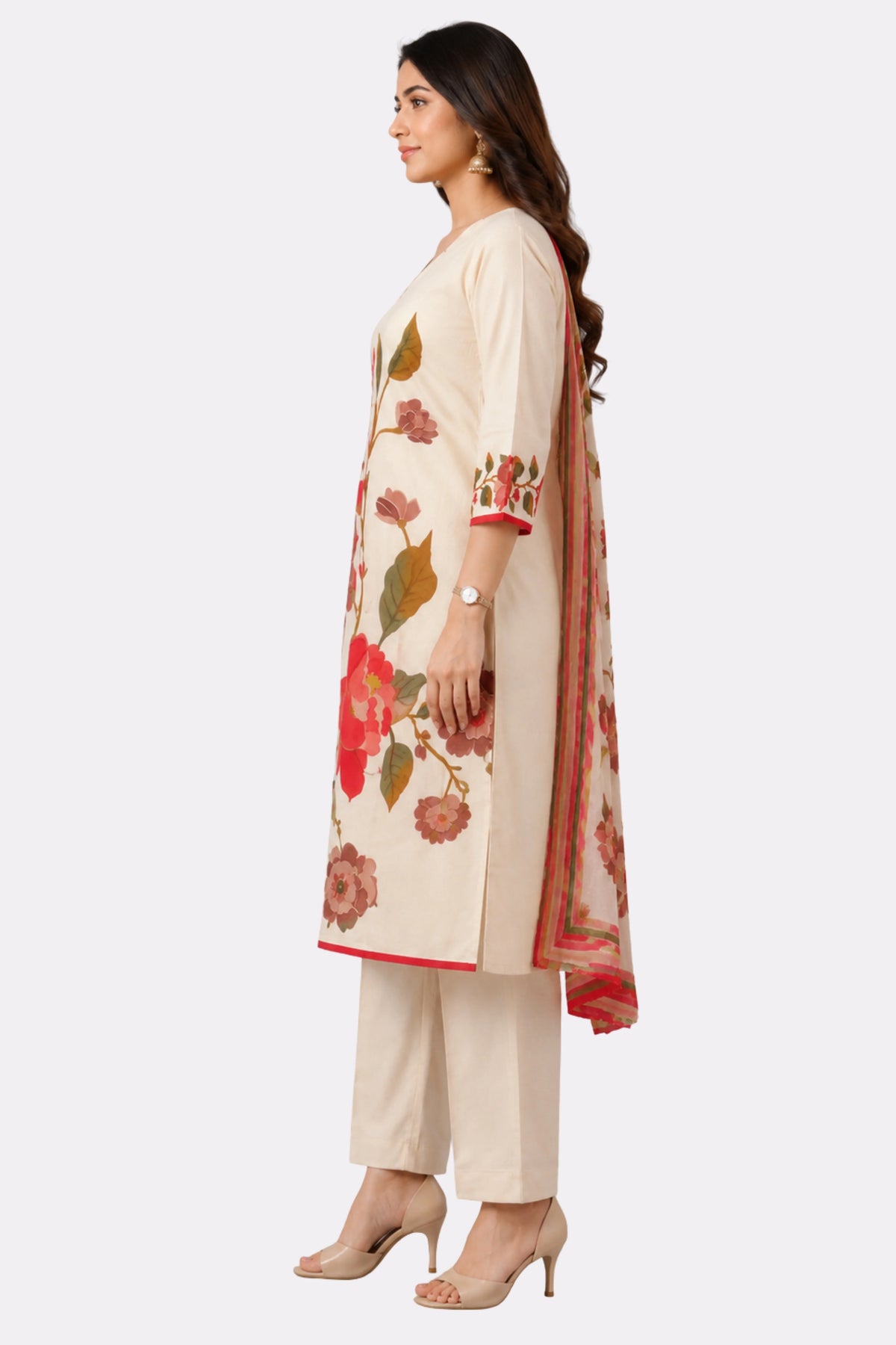 Cream Floral Printed Suit Set-Global Republic