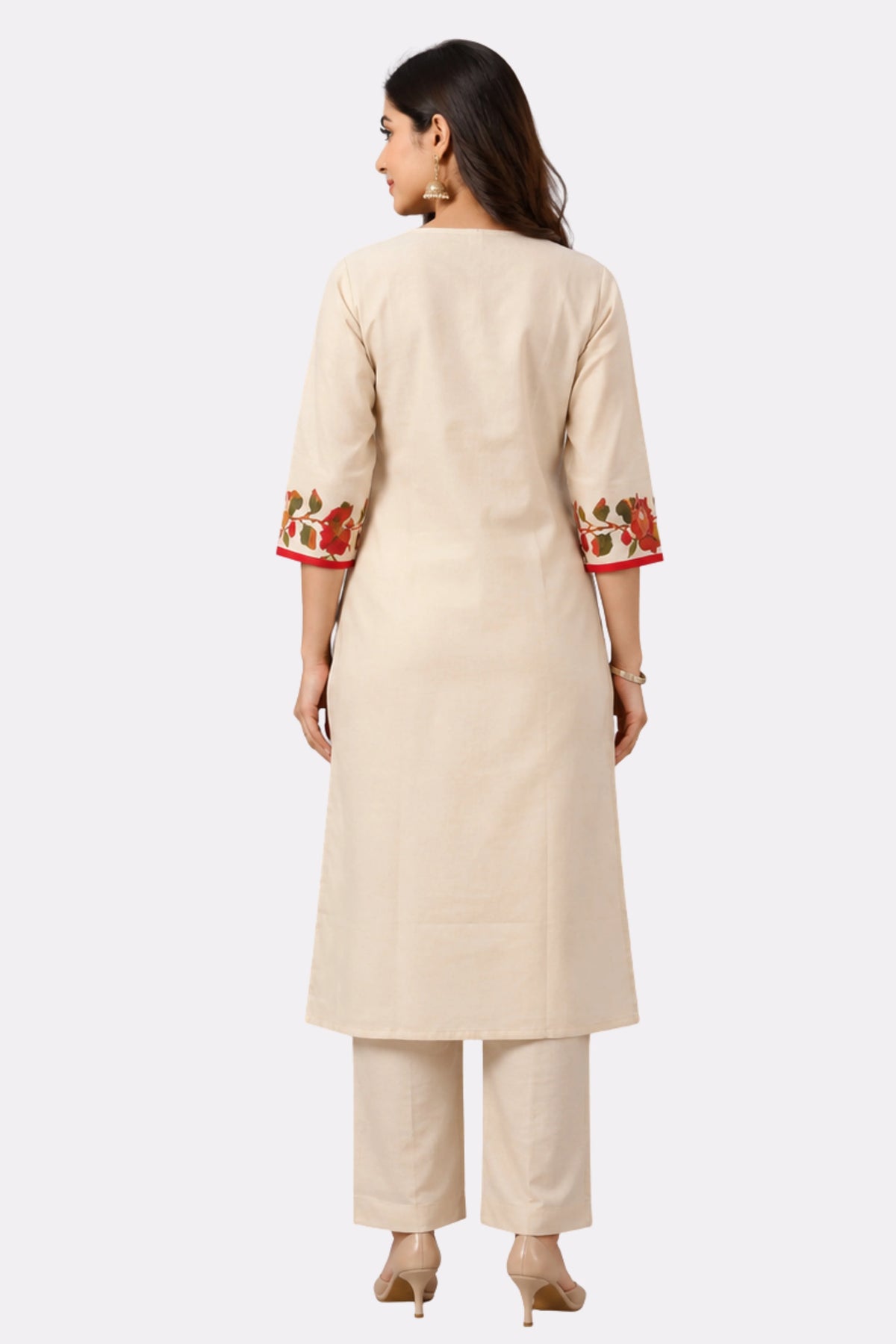 Cream Floral Printed Suit Set-Global Republic