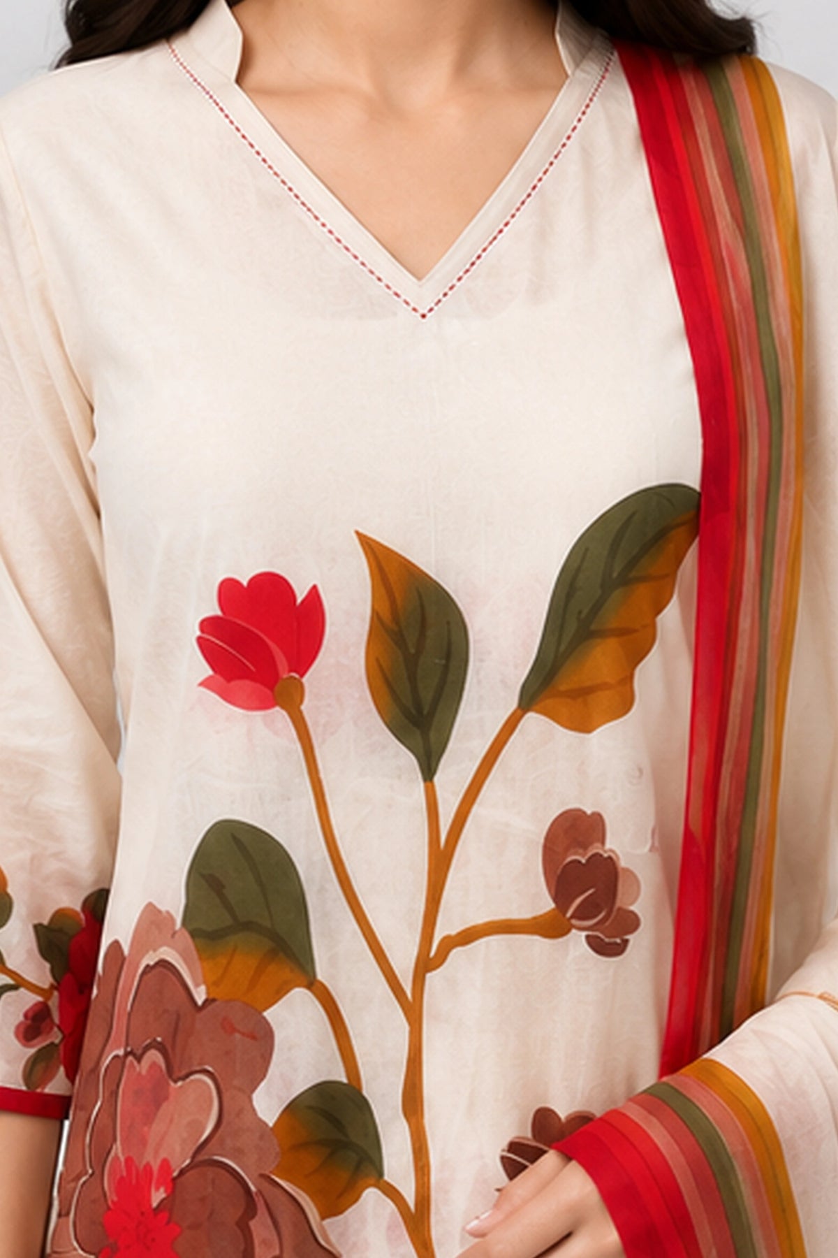 Cream Floral Printed Suit Set-Global Republic