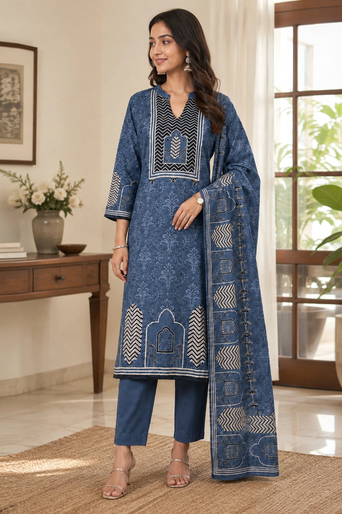 Blue Printed Cotton Suit Set-Global Republic