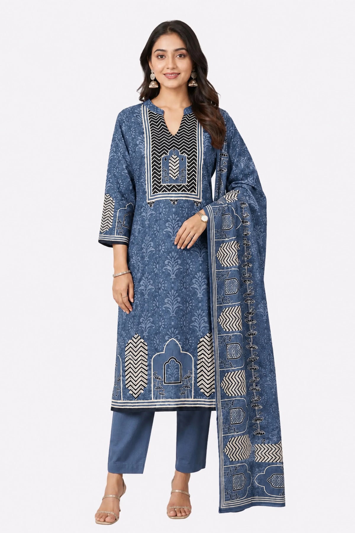 Blue Printed Cotton Suit Set-Global Republic