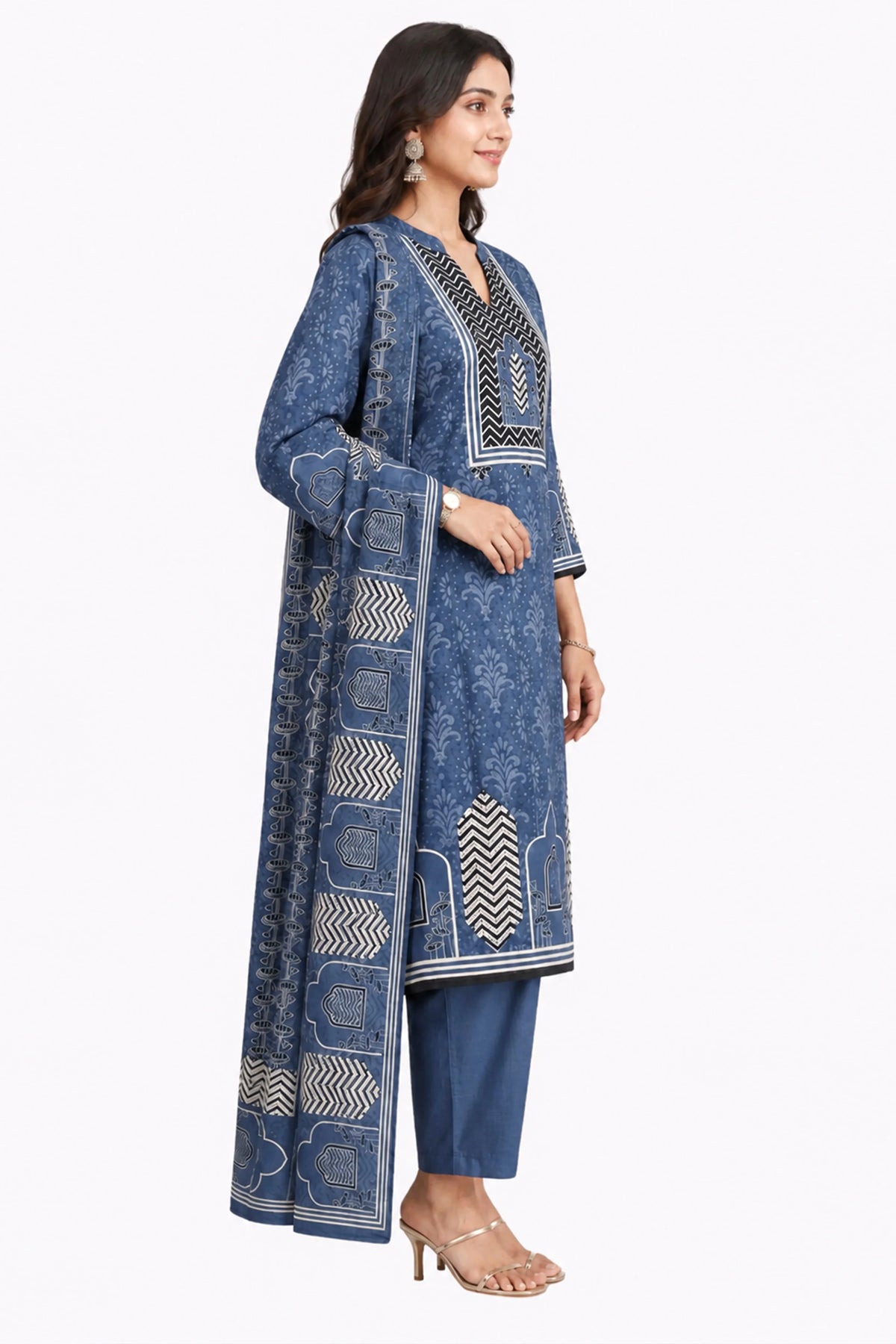 Blue Printed Cotton Suit Set-Global Republic