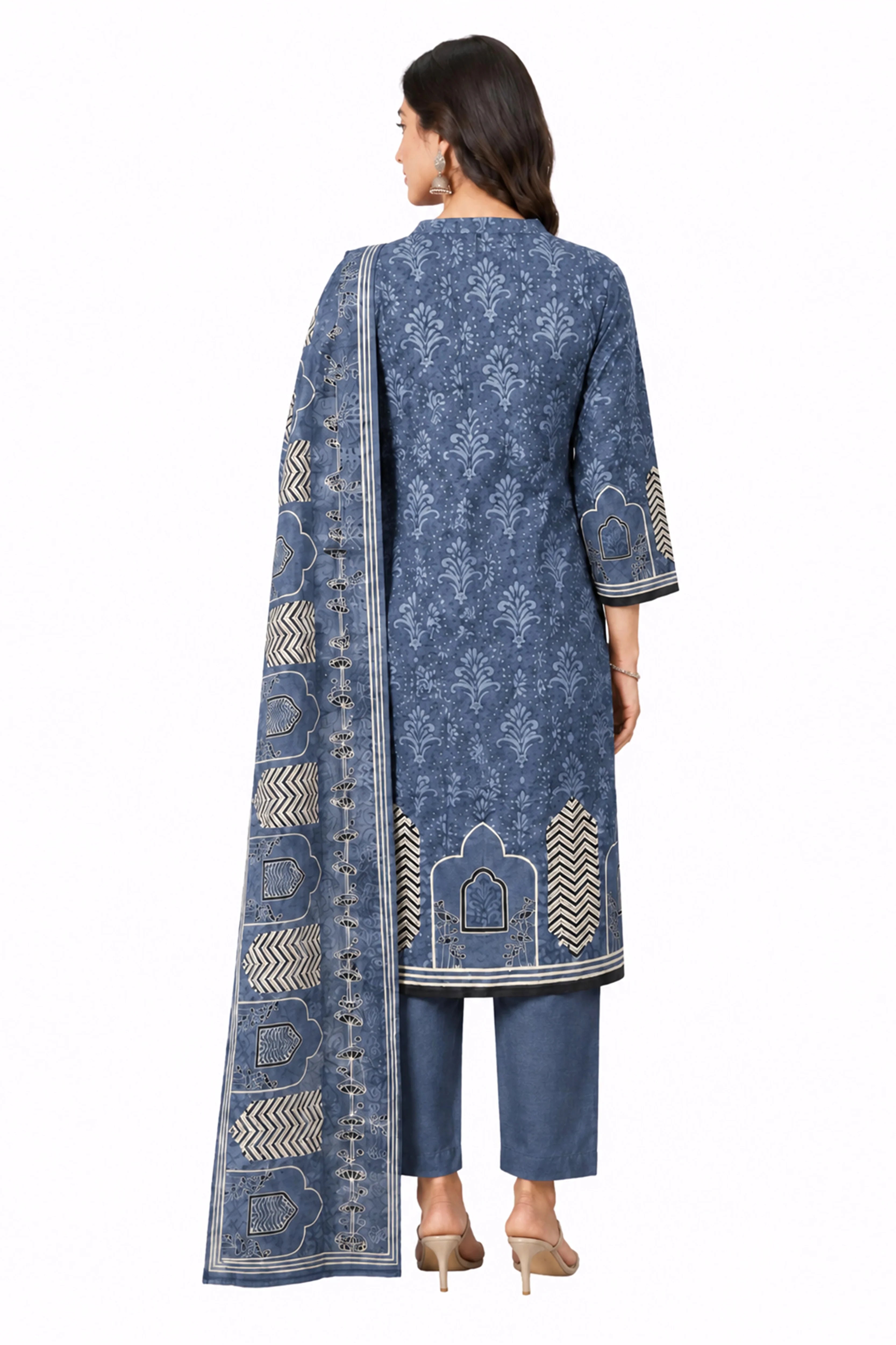 Blue Printed Cotton Suit Set-Global Republic