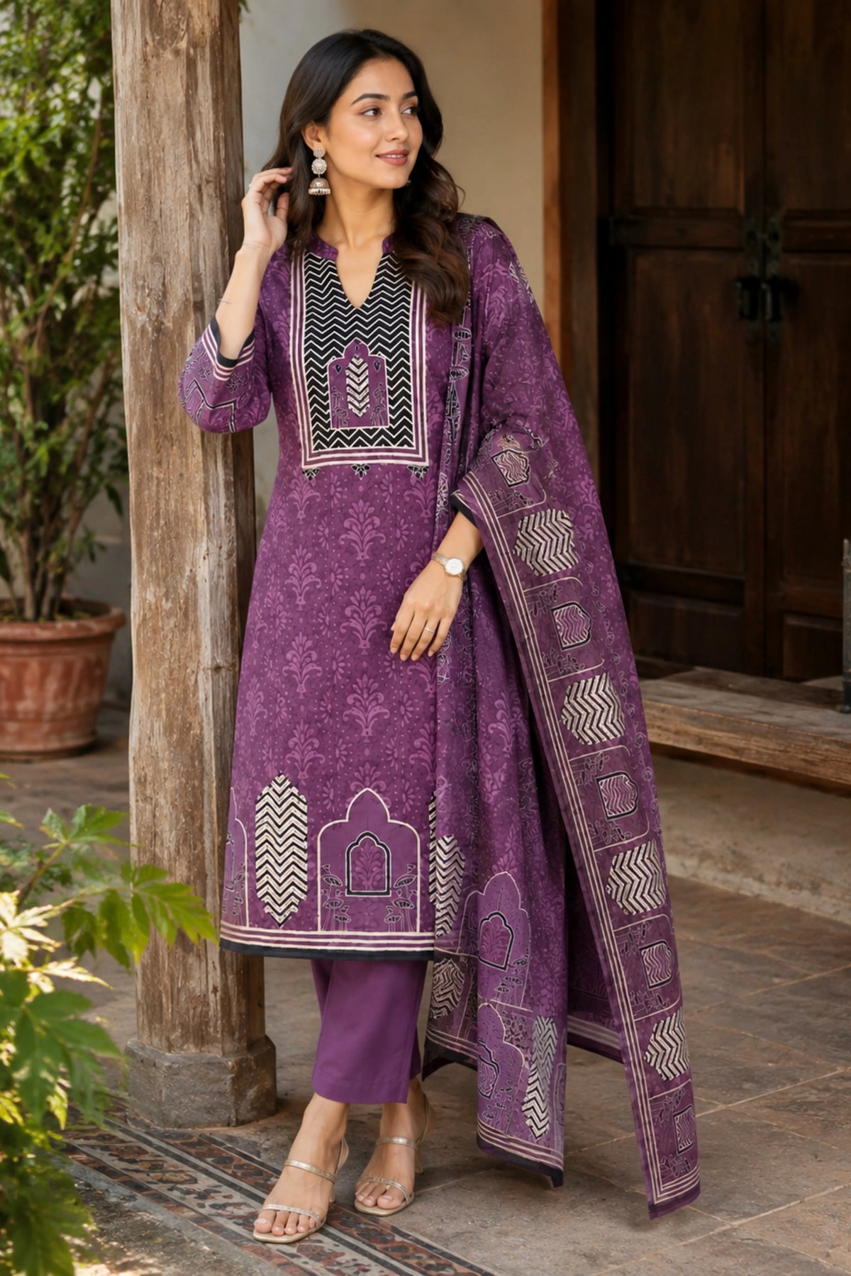 Purple Printed Cotton Suit Set-Global Republic