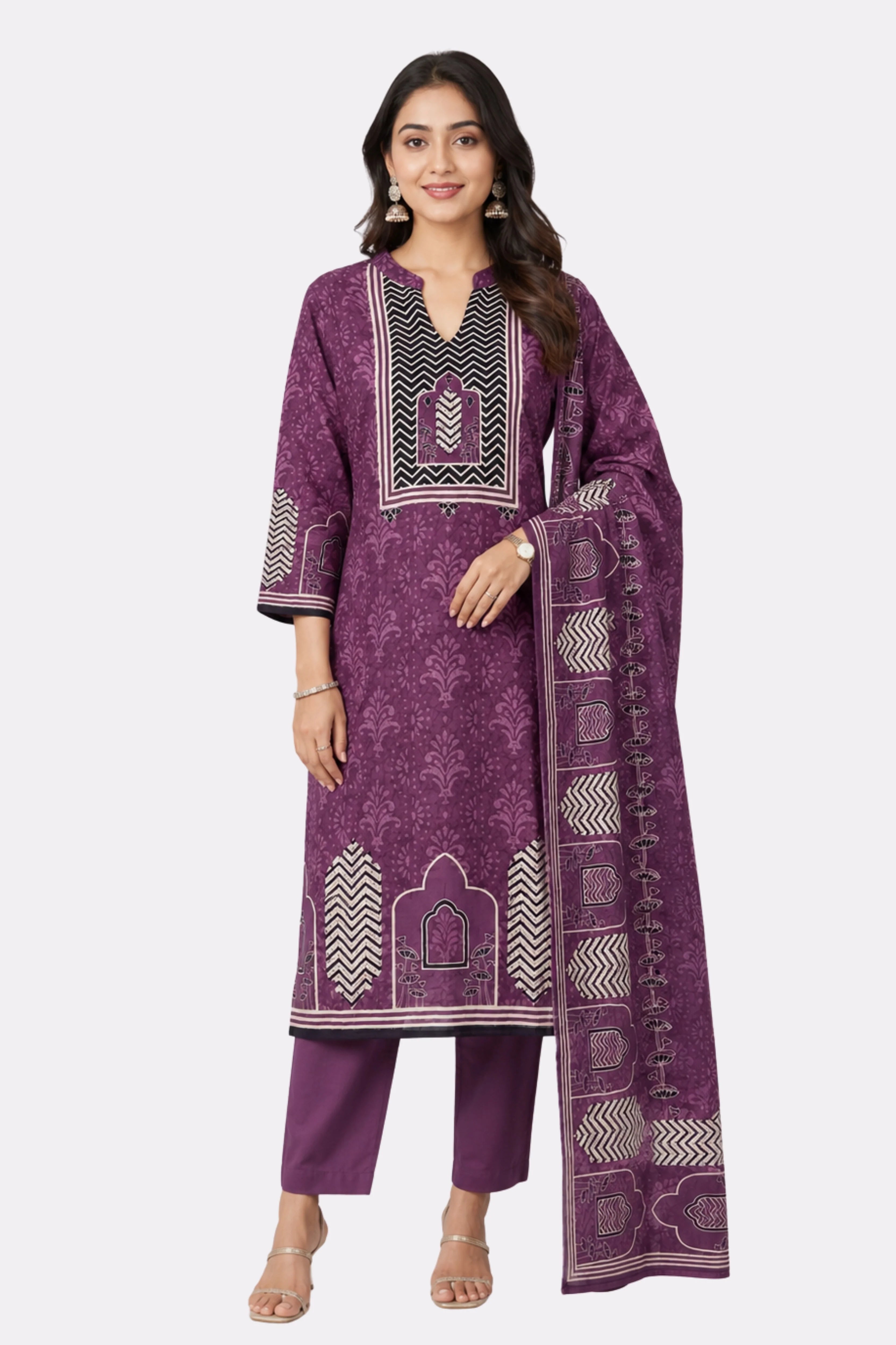 Purple Printed Cotton Suit Set-Global Republic