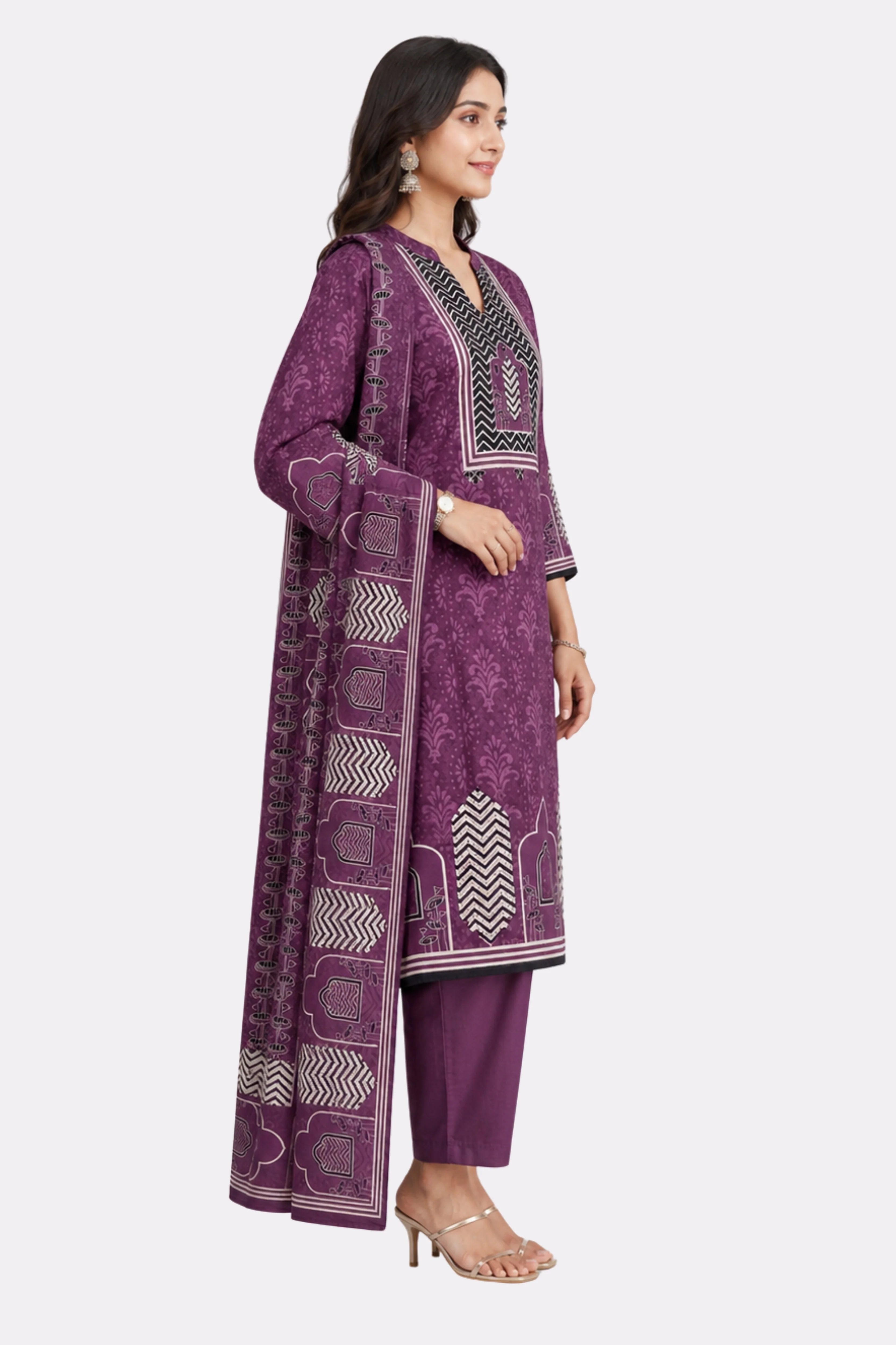 Purple Printed Cotton Suit Set-Global Republic