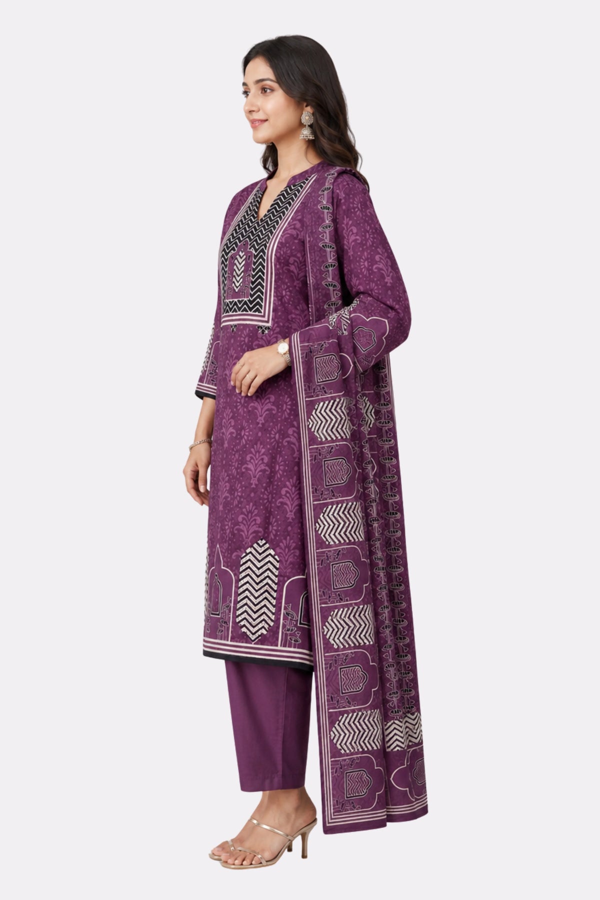 Purple Printed Cotton Suit Set-Global Republic