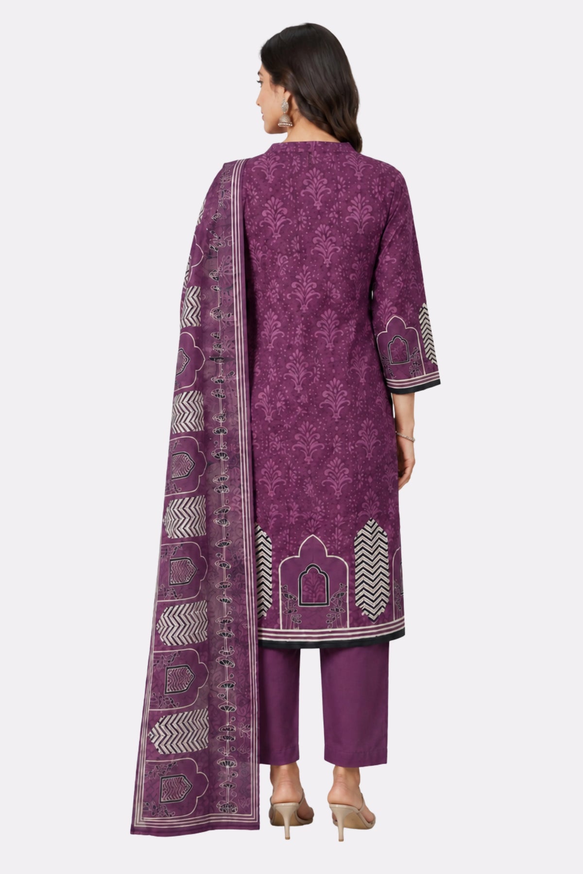 Purple Printed Cotton Suit Set-Global Republic