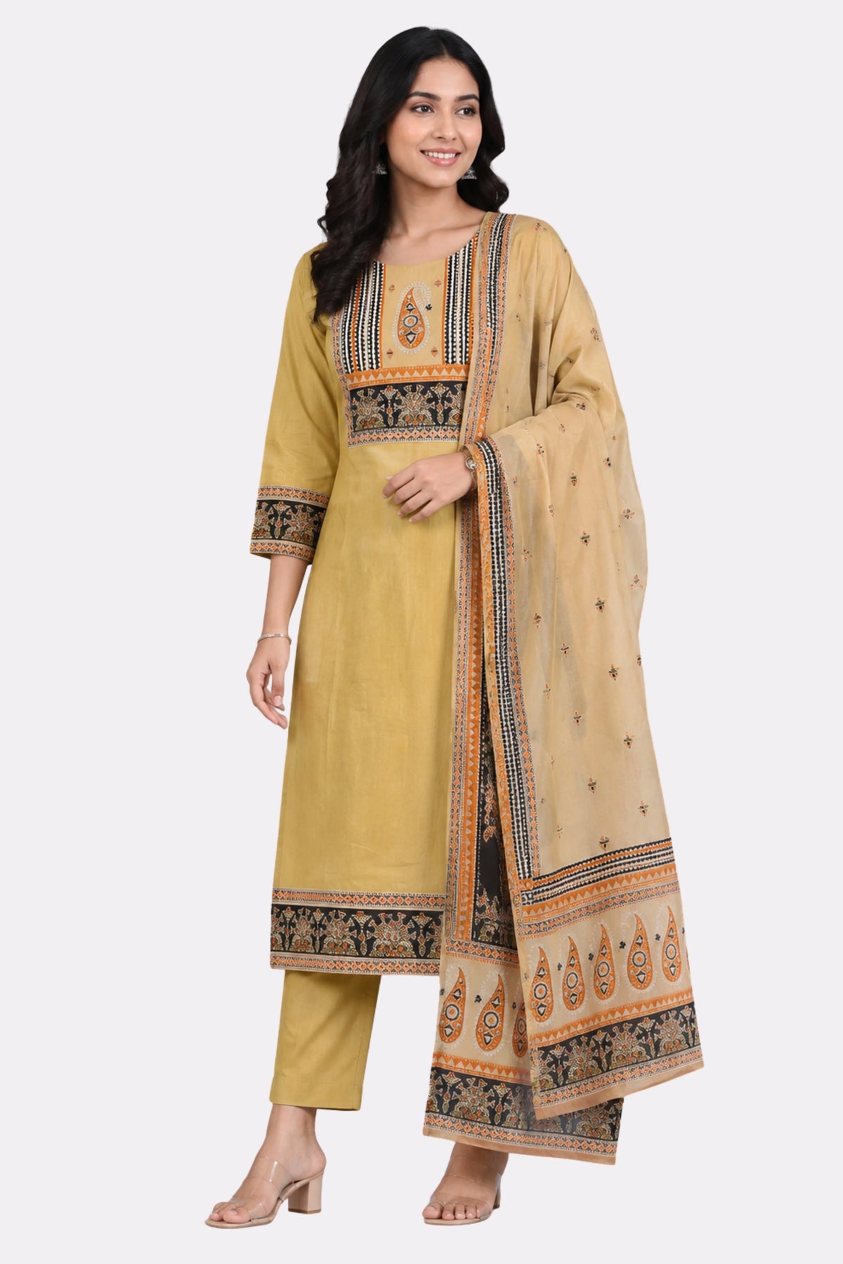 Cream Printed Cotton Suit Set-Global Republic