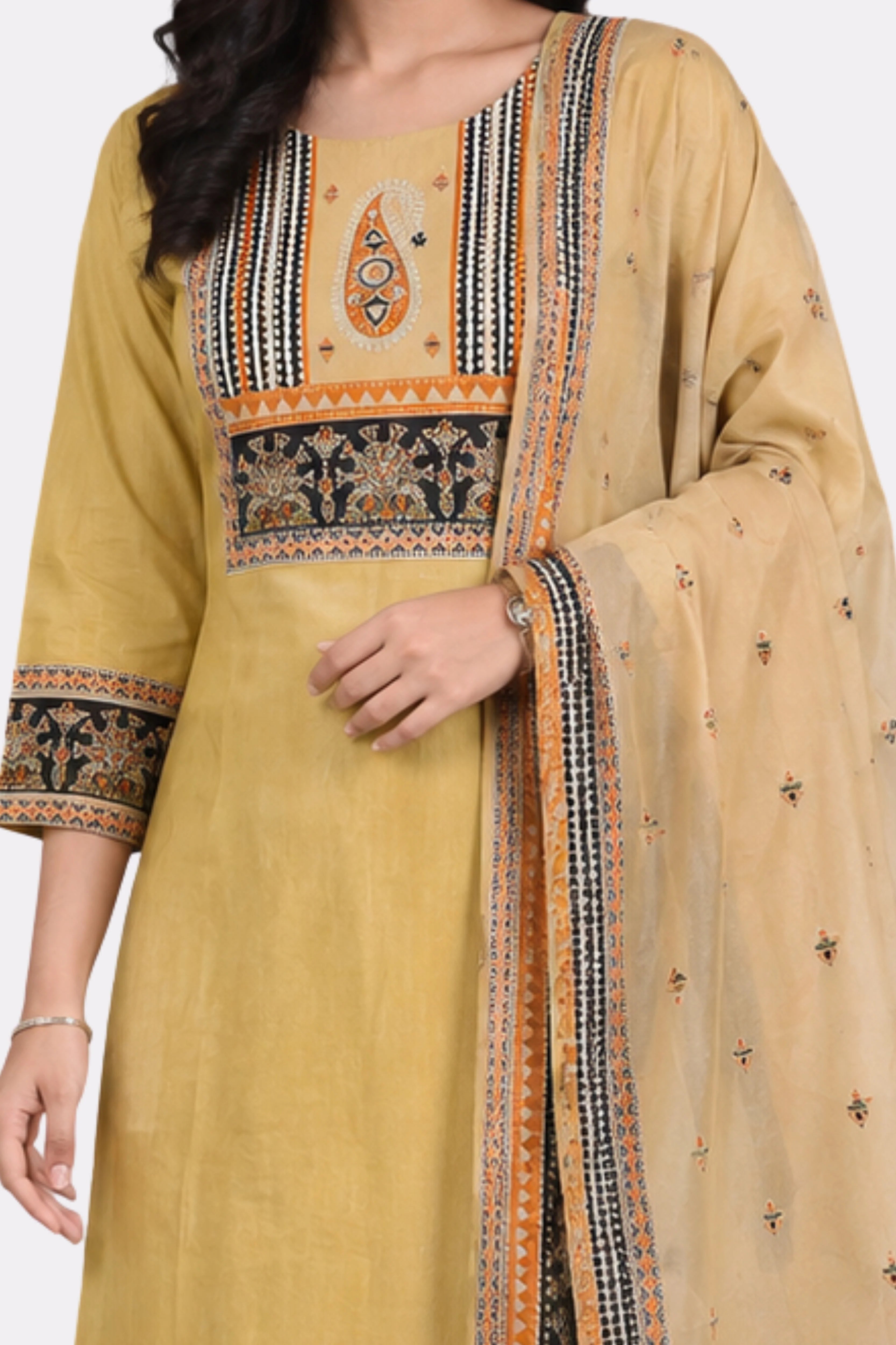 Cream Printed Cotton Suit Set-Global Republic