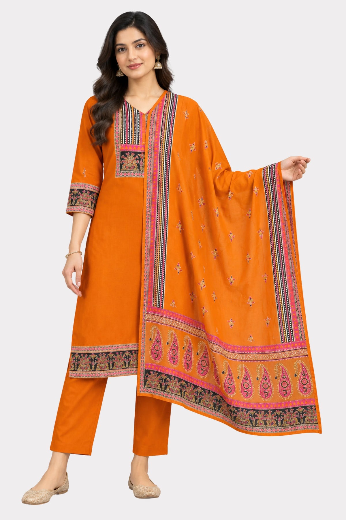 Orange Printed Ethnic Suit Set-Global Republic