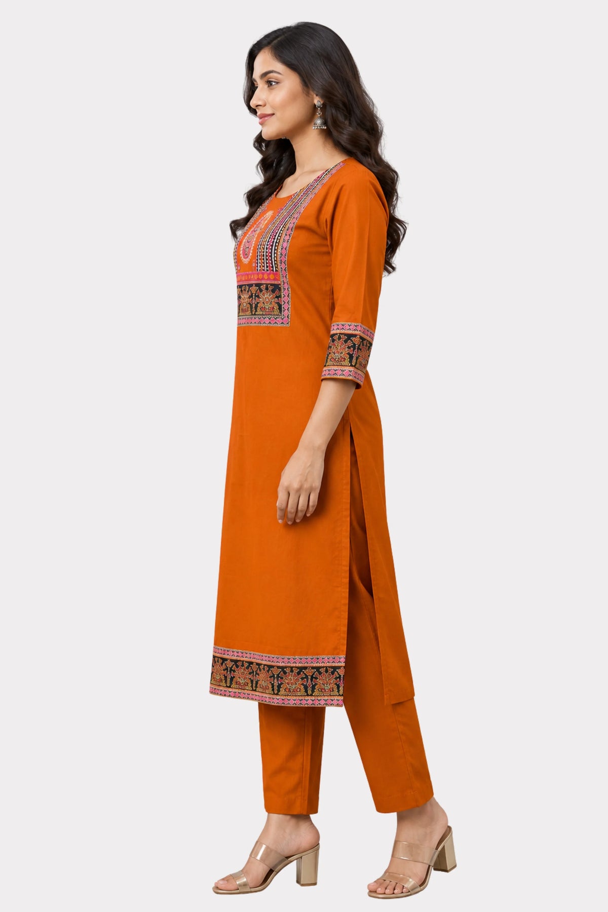 Orange Printed Ethnic Suit Set-Global Republic