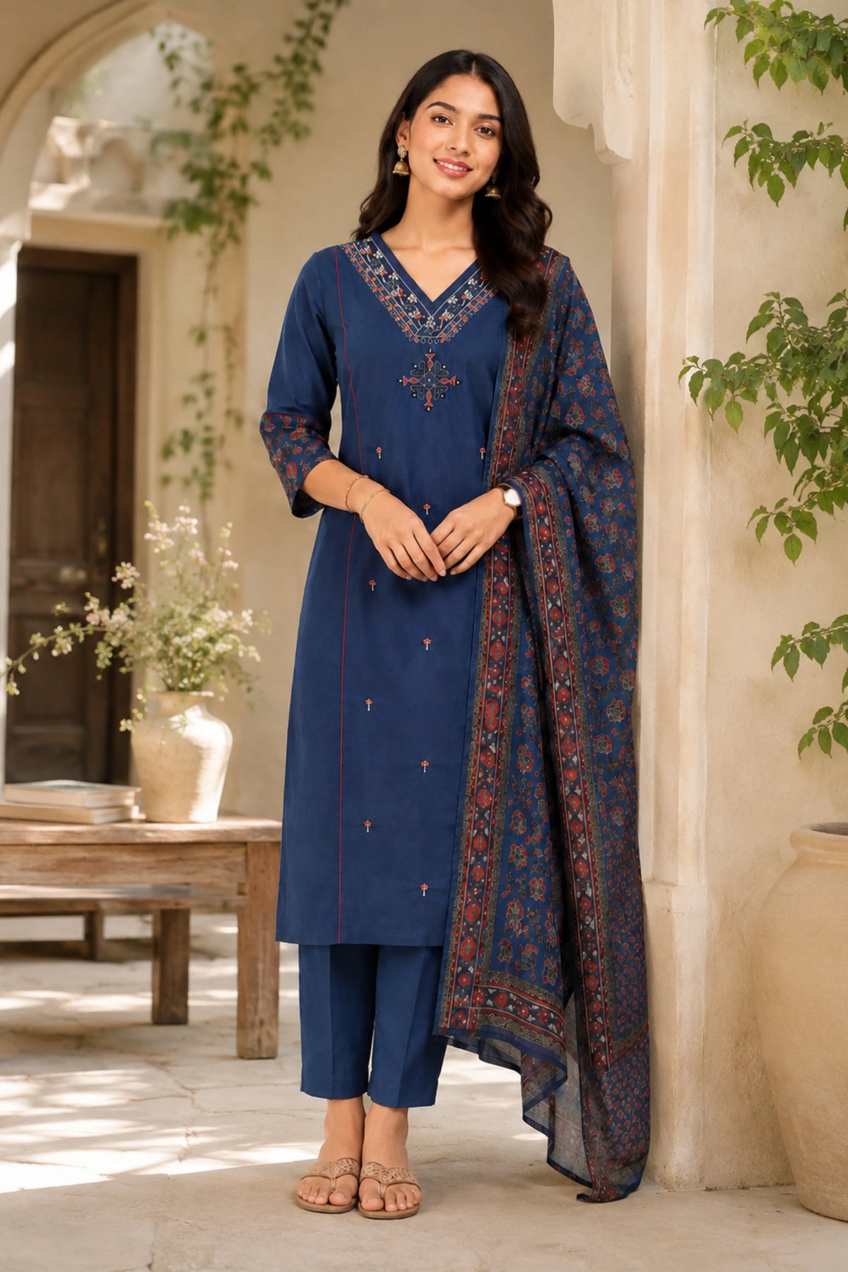 Blue Embroidered Cotton Suit Set-Global Republic