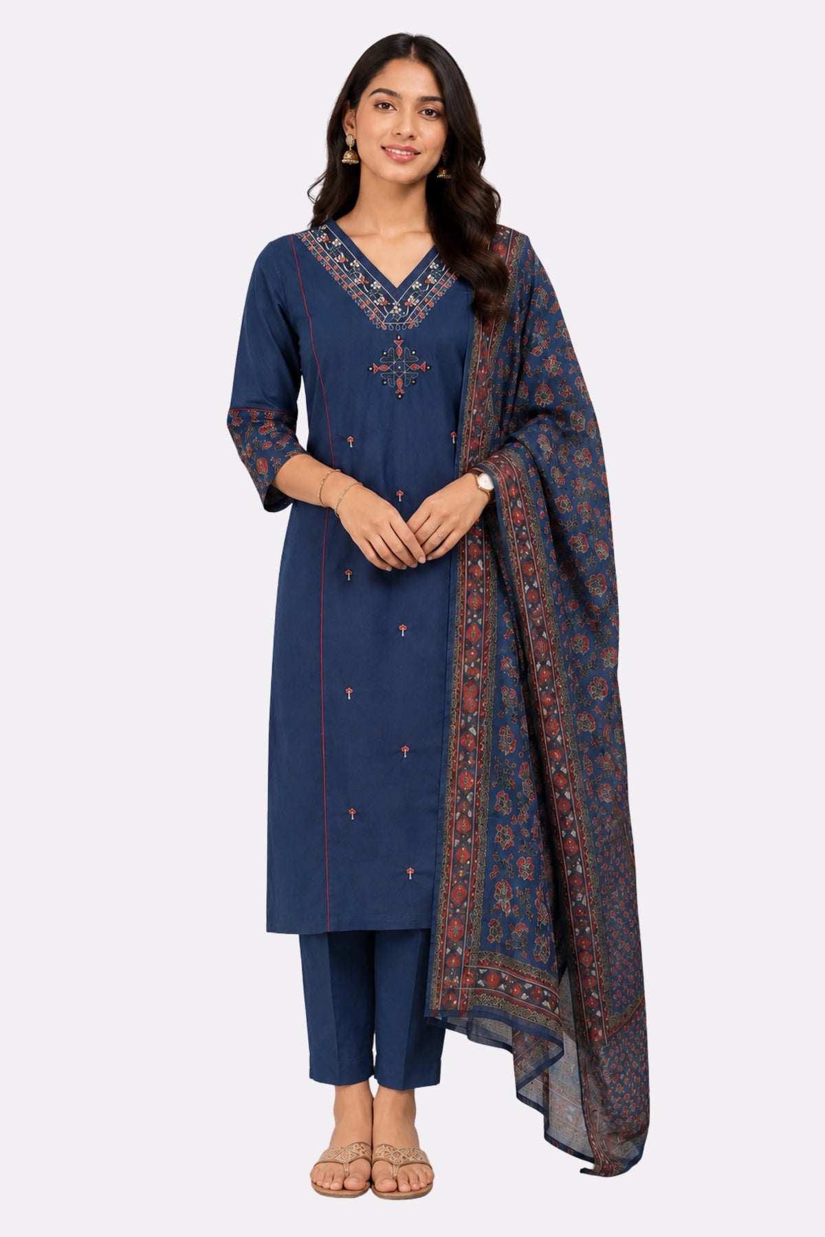 Blue Embroidered Cotton Suit Set-Global Republic