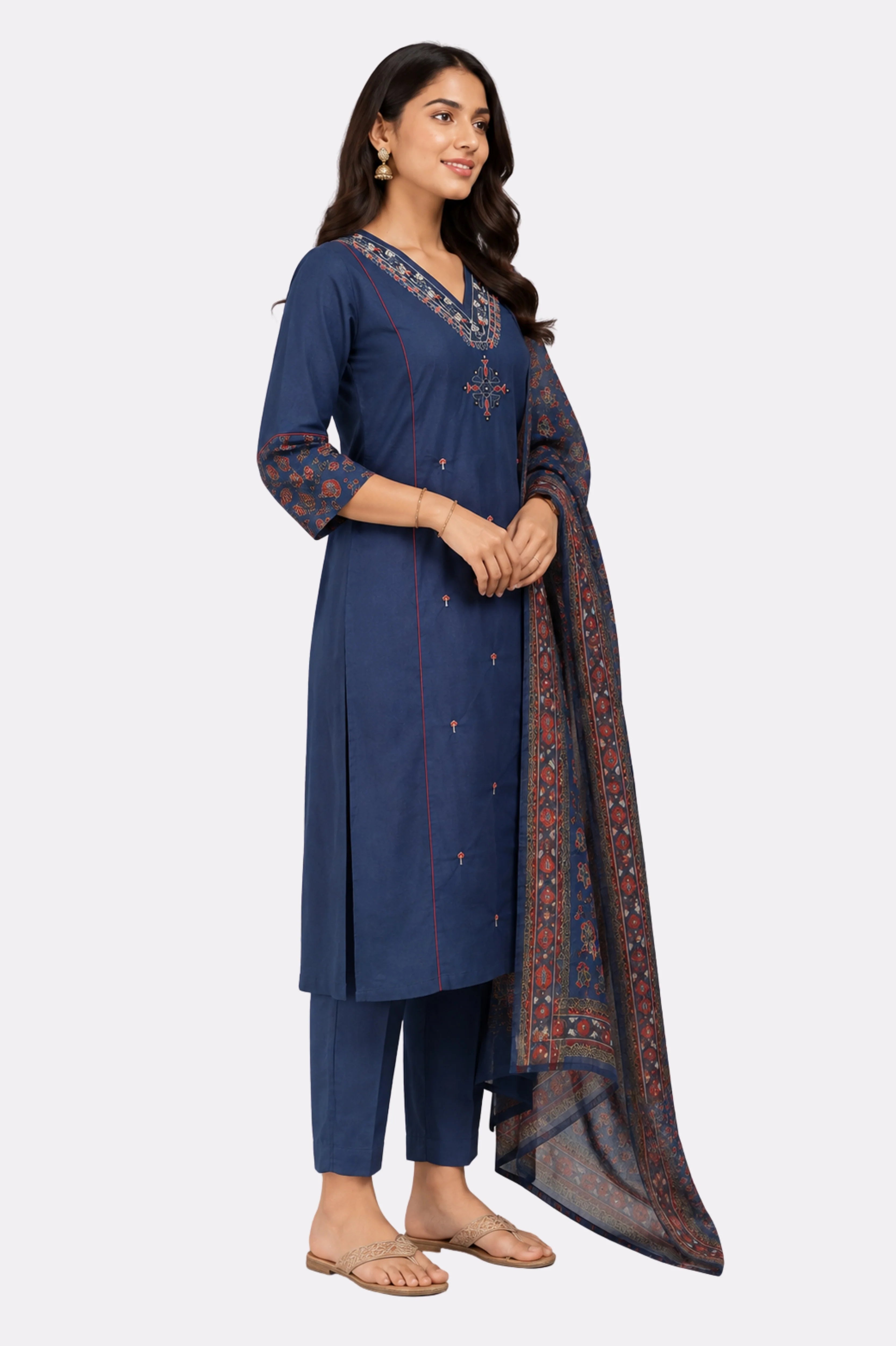 Blue Embroidered Cotton Suit Set-Global Republic