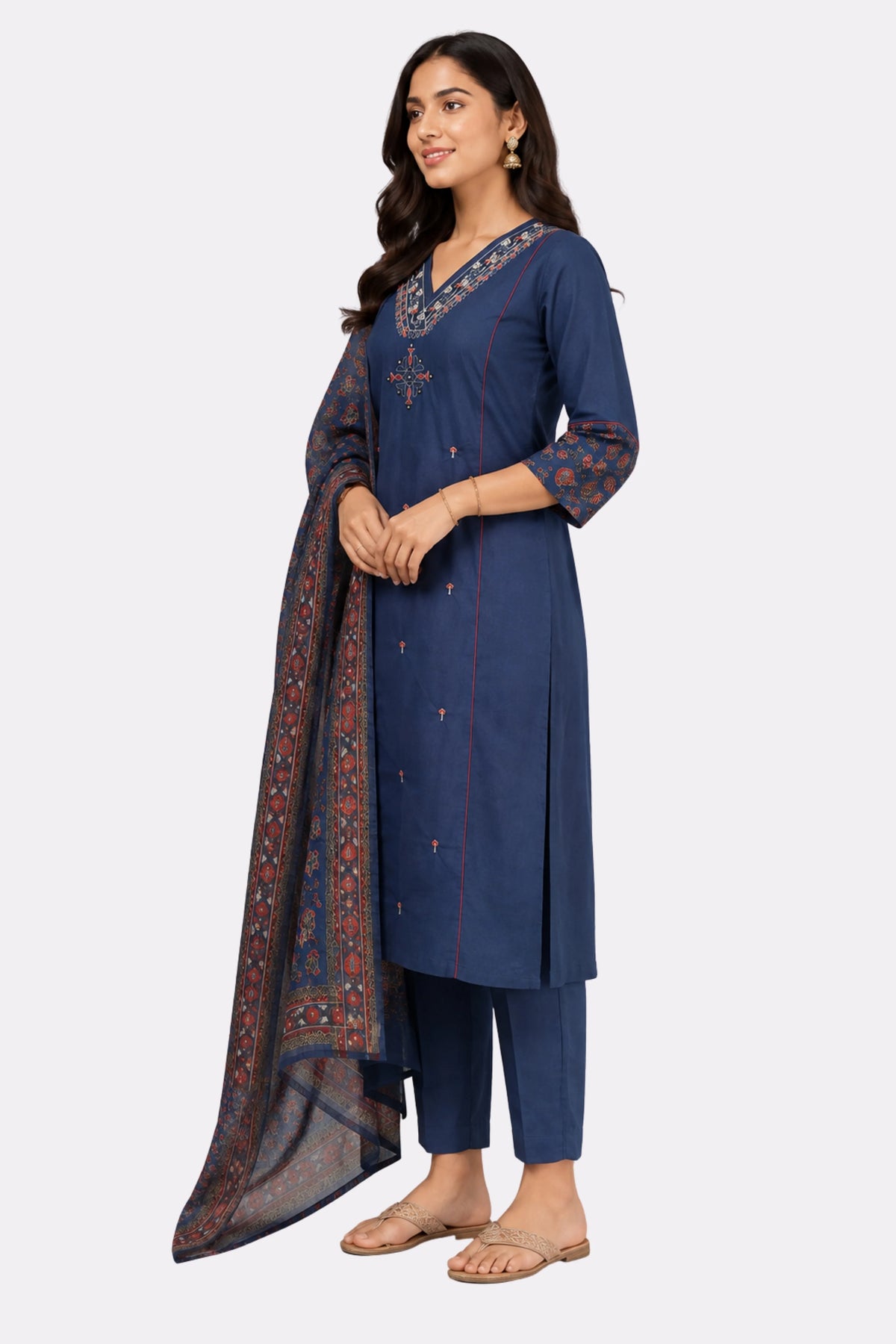 Blue Embroidered Cotton Suit Set-Global Republic