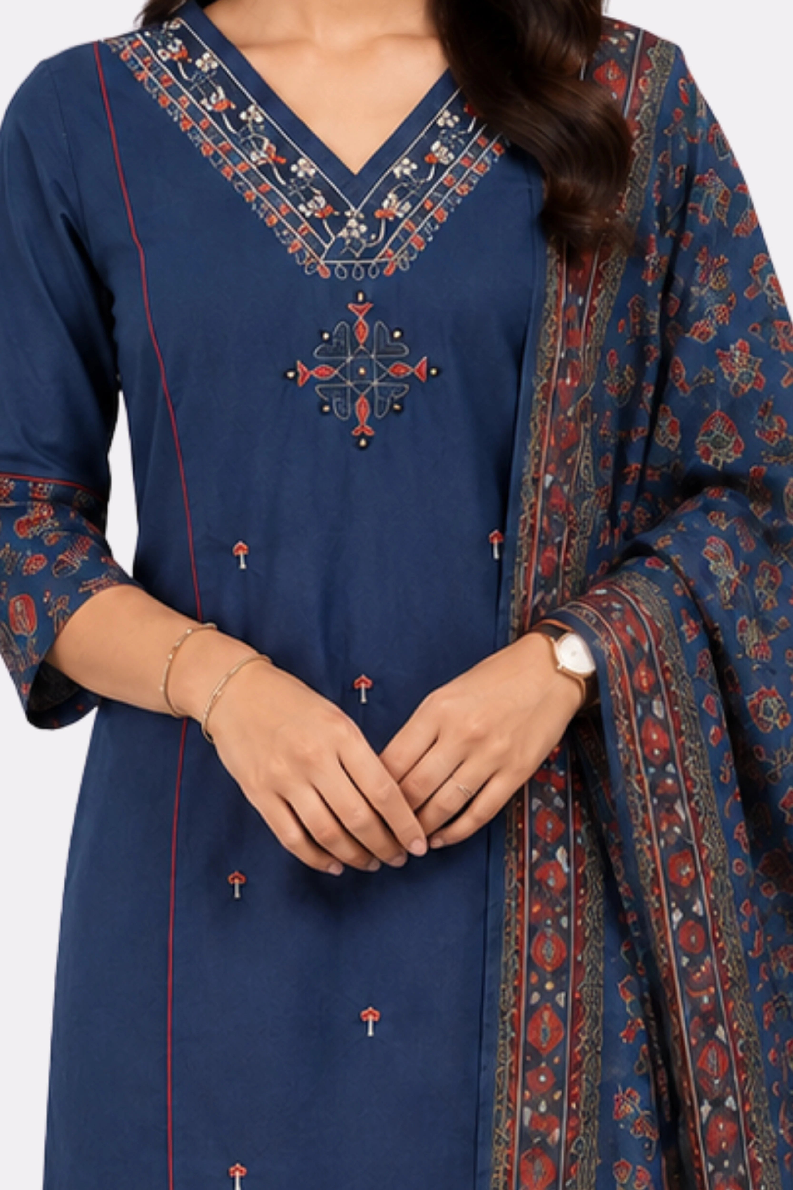 Blue Embroidered Cotton Suit Set-Global Republic