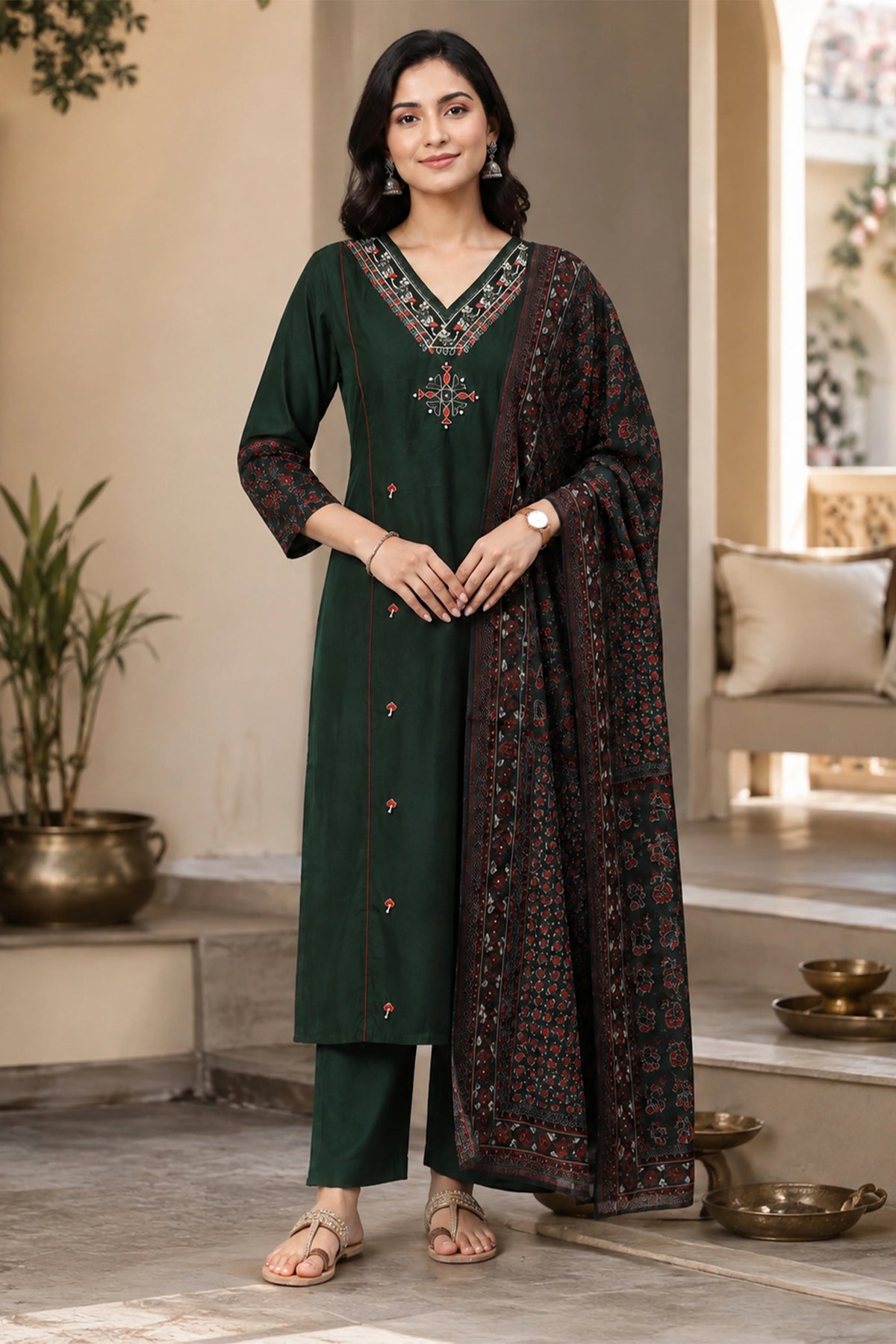 Green Embroidered Cotton Suit Set-Global Republic