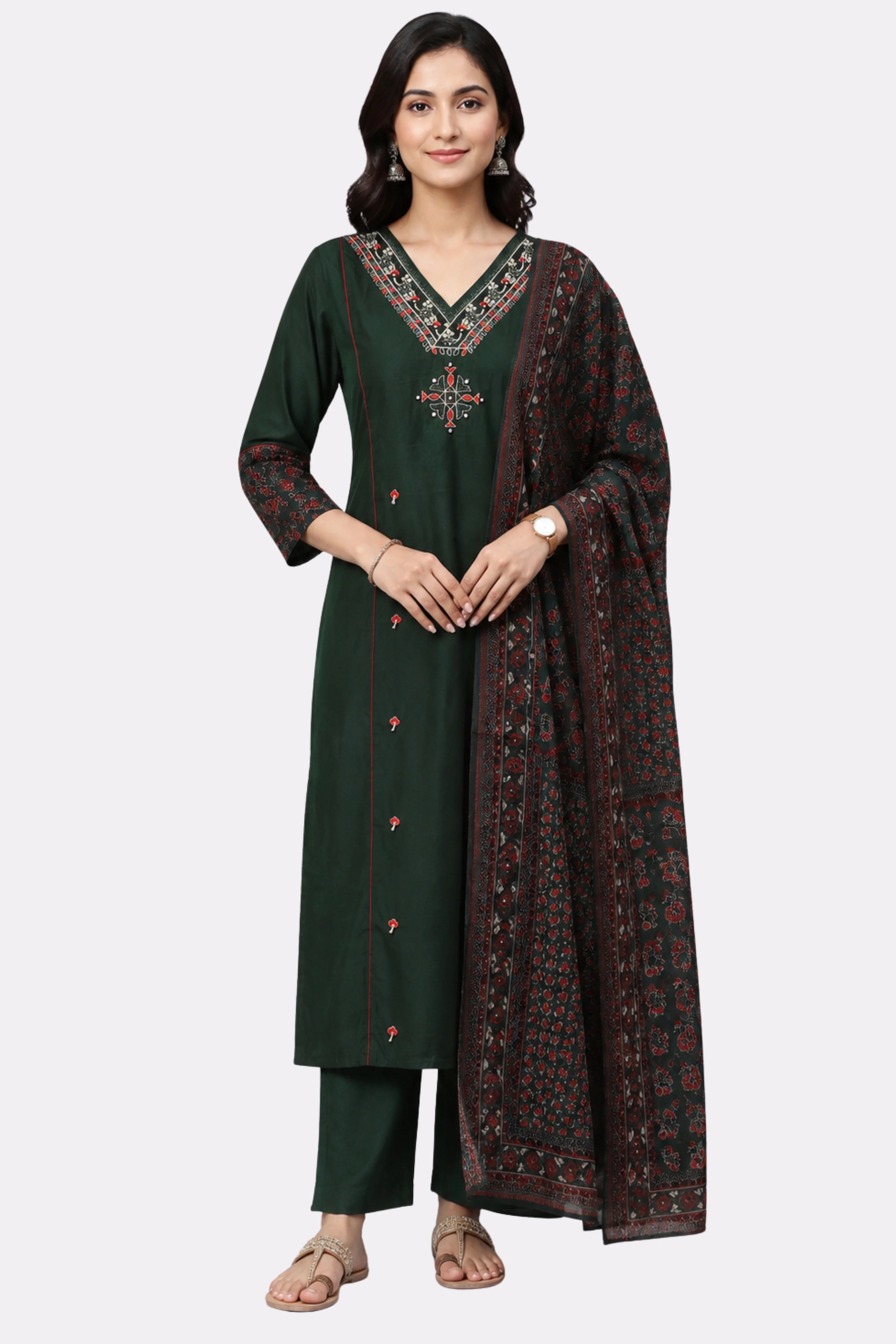 Green Embroidered Cotton Suit Set-Global Republic