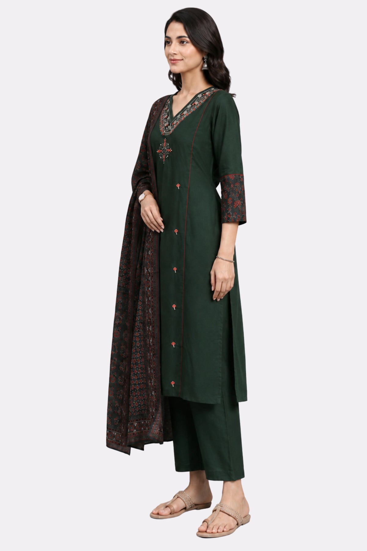 Green Embroidered Cotton Suit Set-Global Republic