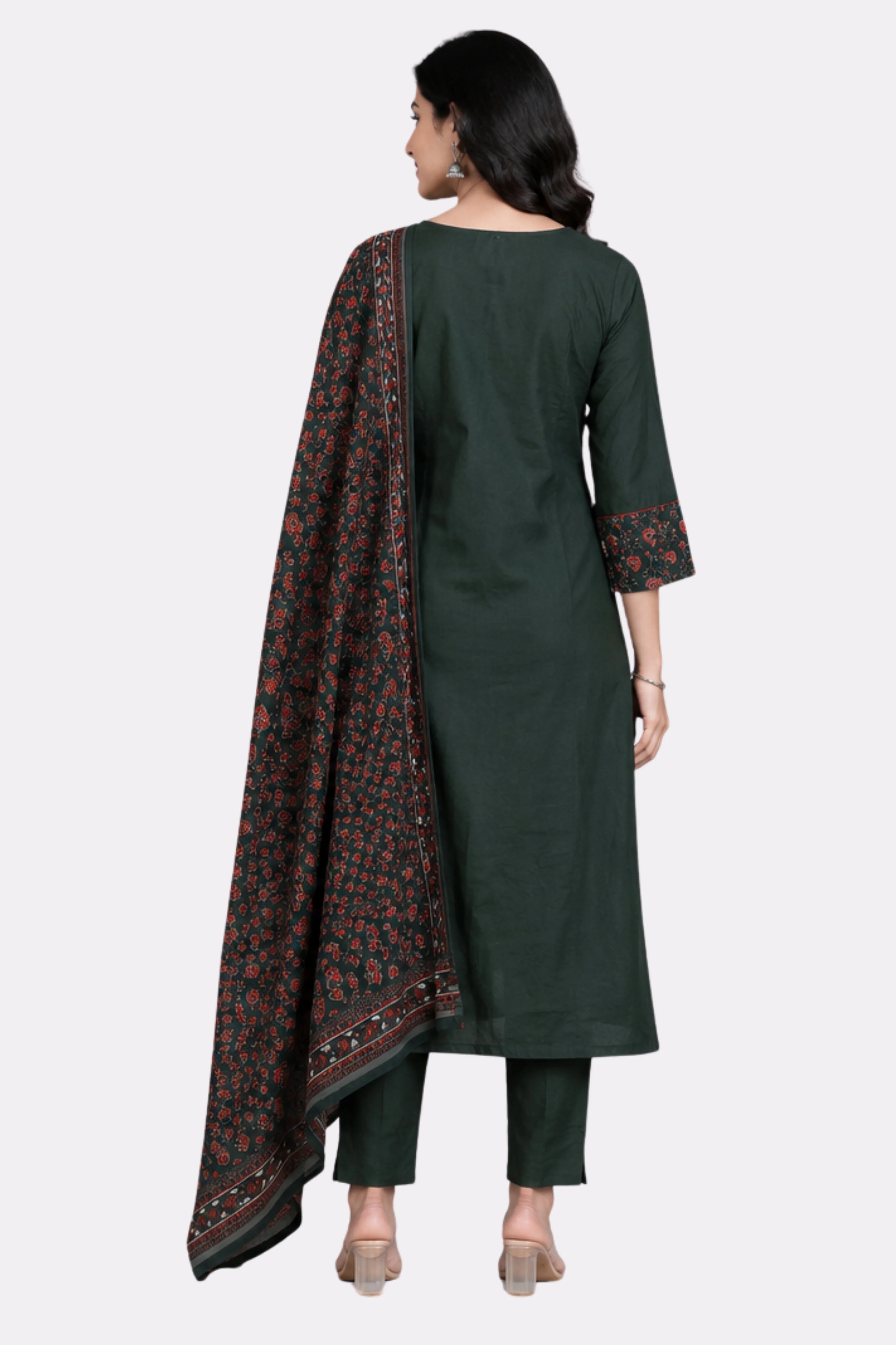 Green Embroidered Cotton Suit Set-Global Republic