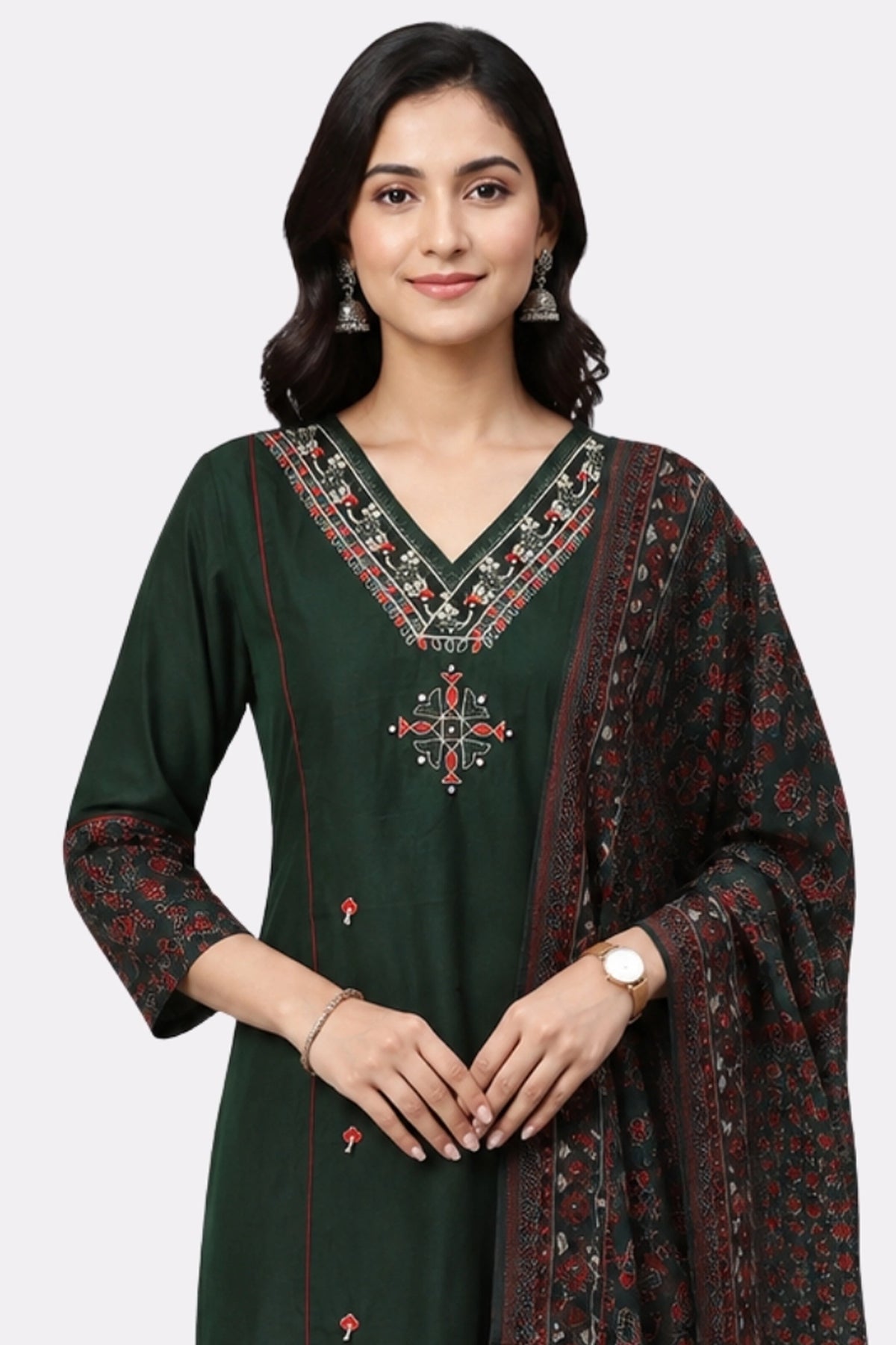 Green Embroidered Cotton Suit Set-Global Republic