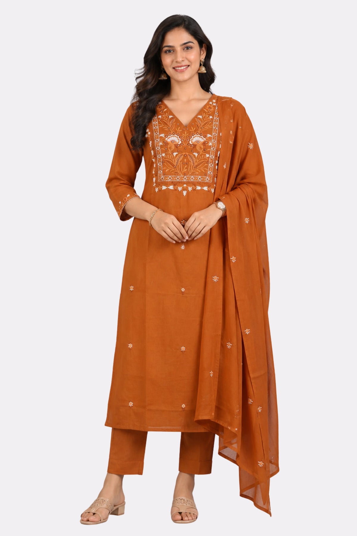 Mustard Floral Embroidered Cotton Suit Set-Global Republic