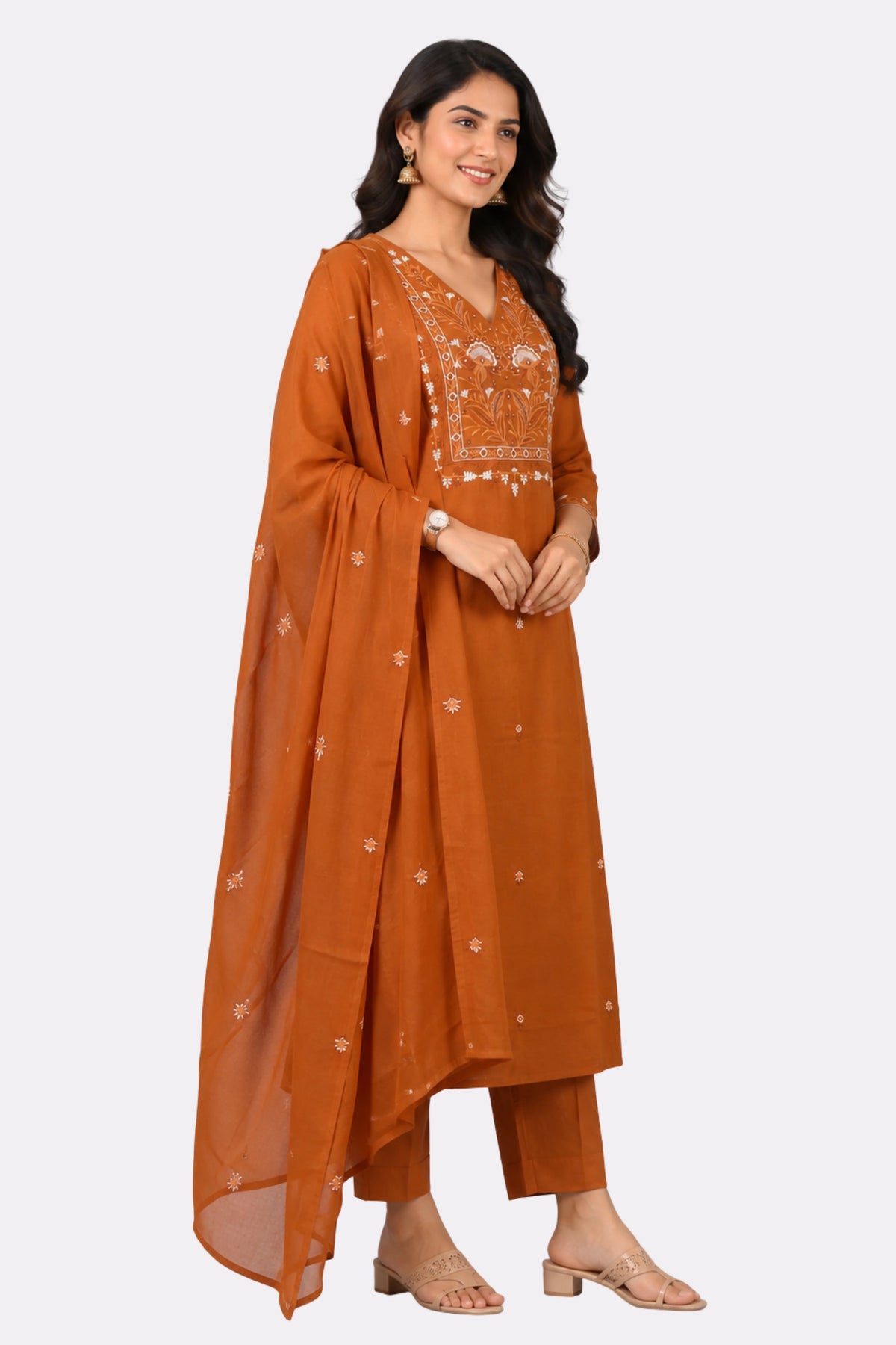 Mustard Floral Embroidered Cotton Suit Set-Global Republic