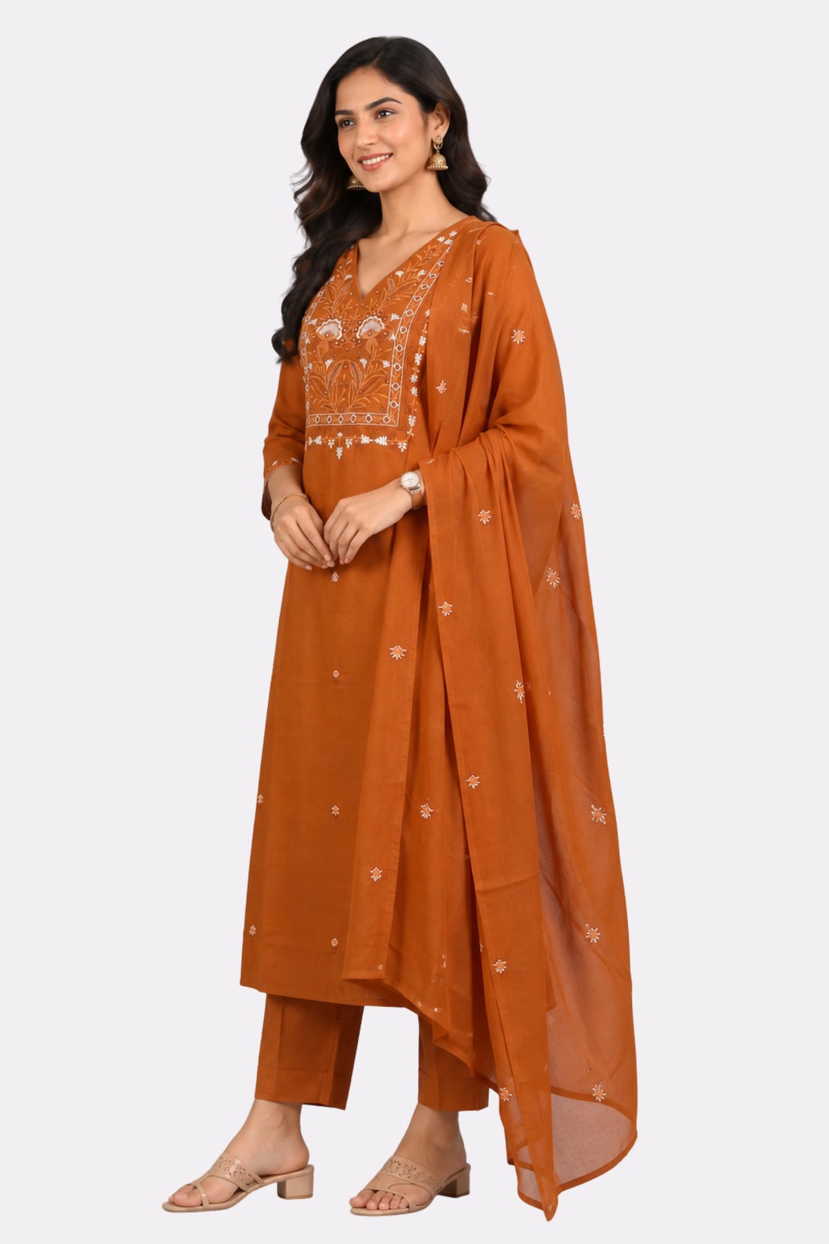 Mustard Floral Embroidered Cotton Suit Set-Global Republic