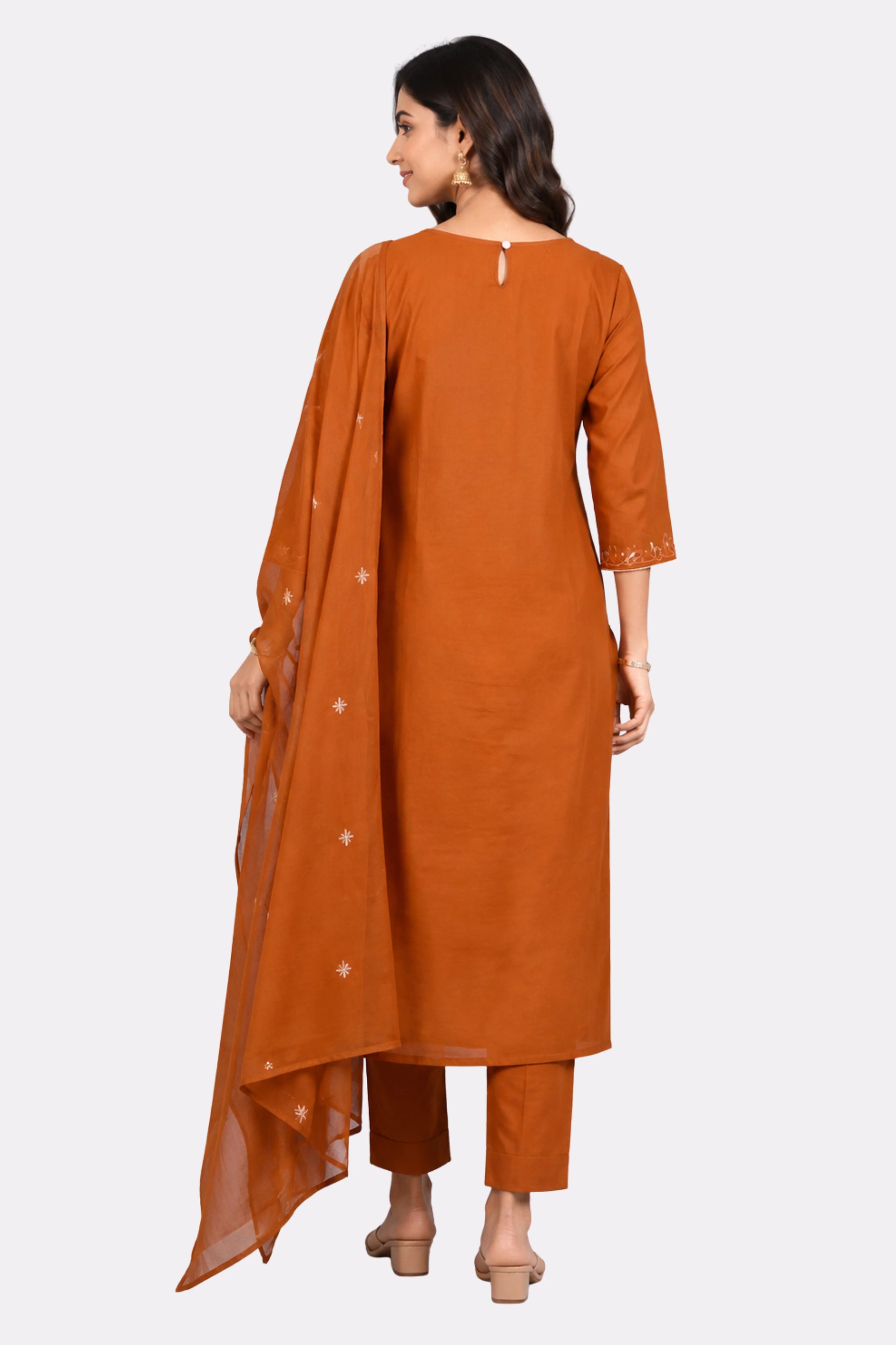 Mustard Floral Embroidered Cotton Suit Set-Global Republic