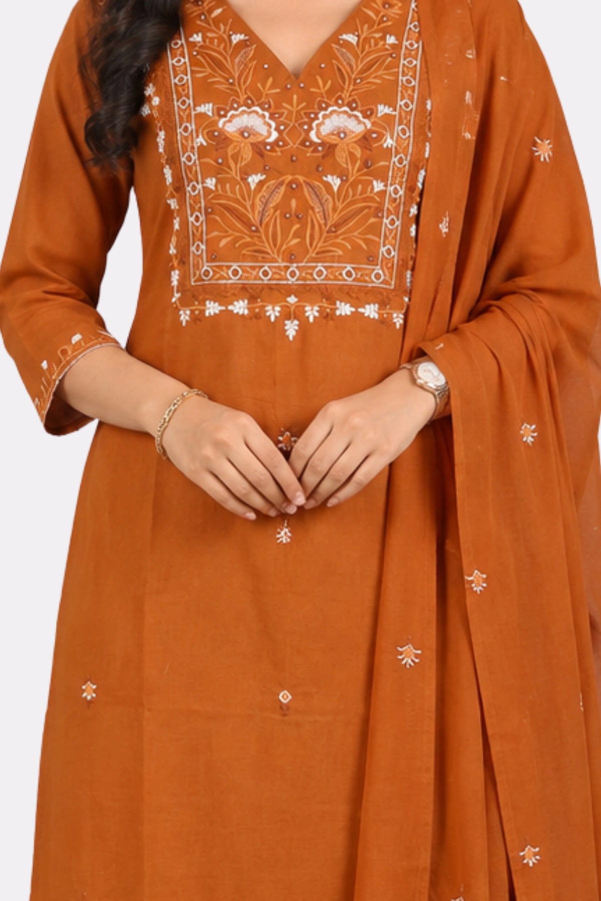 Mustard Floral Embroidered Cotton Suit Set-Global Republic
