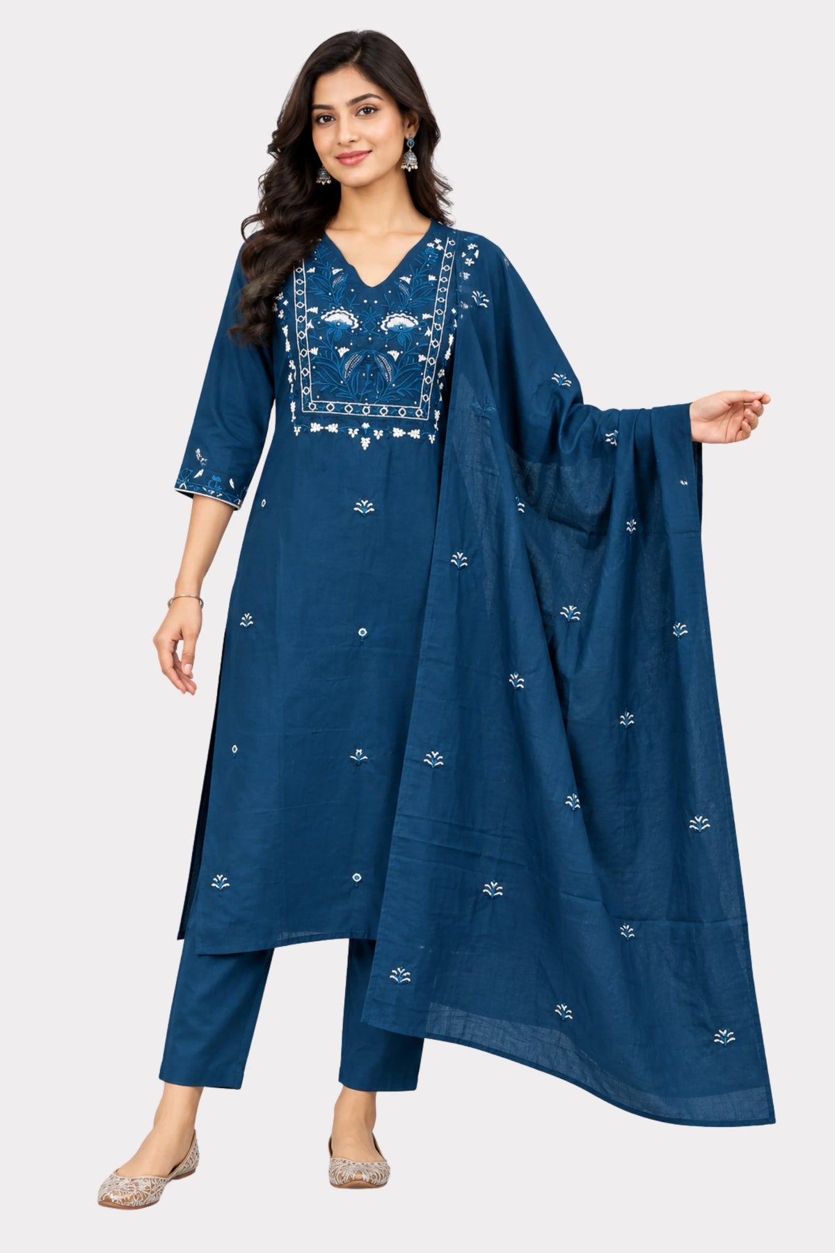 Peacock Blue Floral Embroidered Suit Set-Global Republic