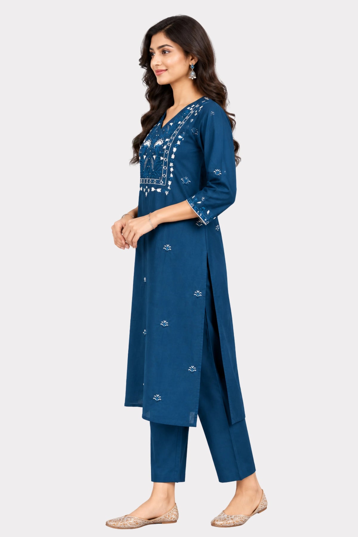 Peacock Blue Floral Embroidered Suit Set-Global Republic