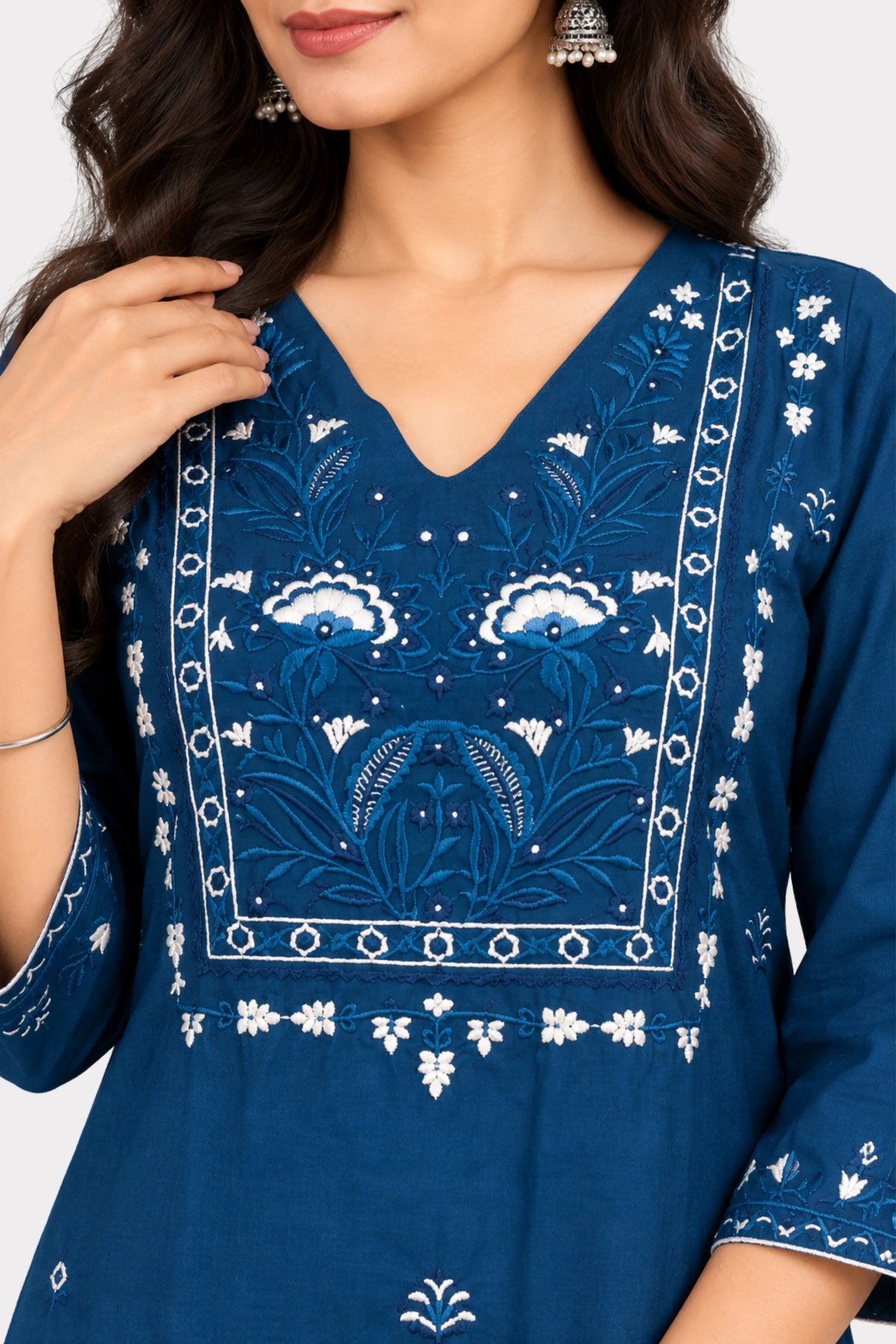 Peacock Blue Floral Embroidered Suit Set-Global Republic